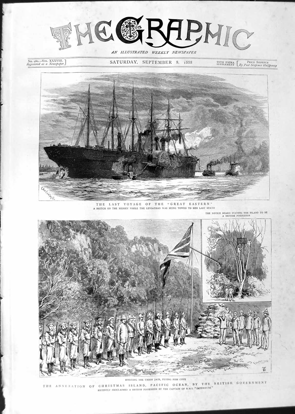 Original Old Antique Print 1888 Great Eastern Ship Mersey Christmas Island Sier