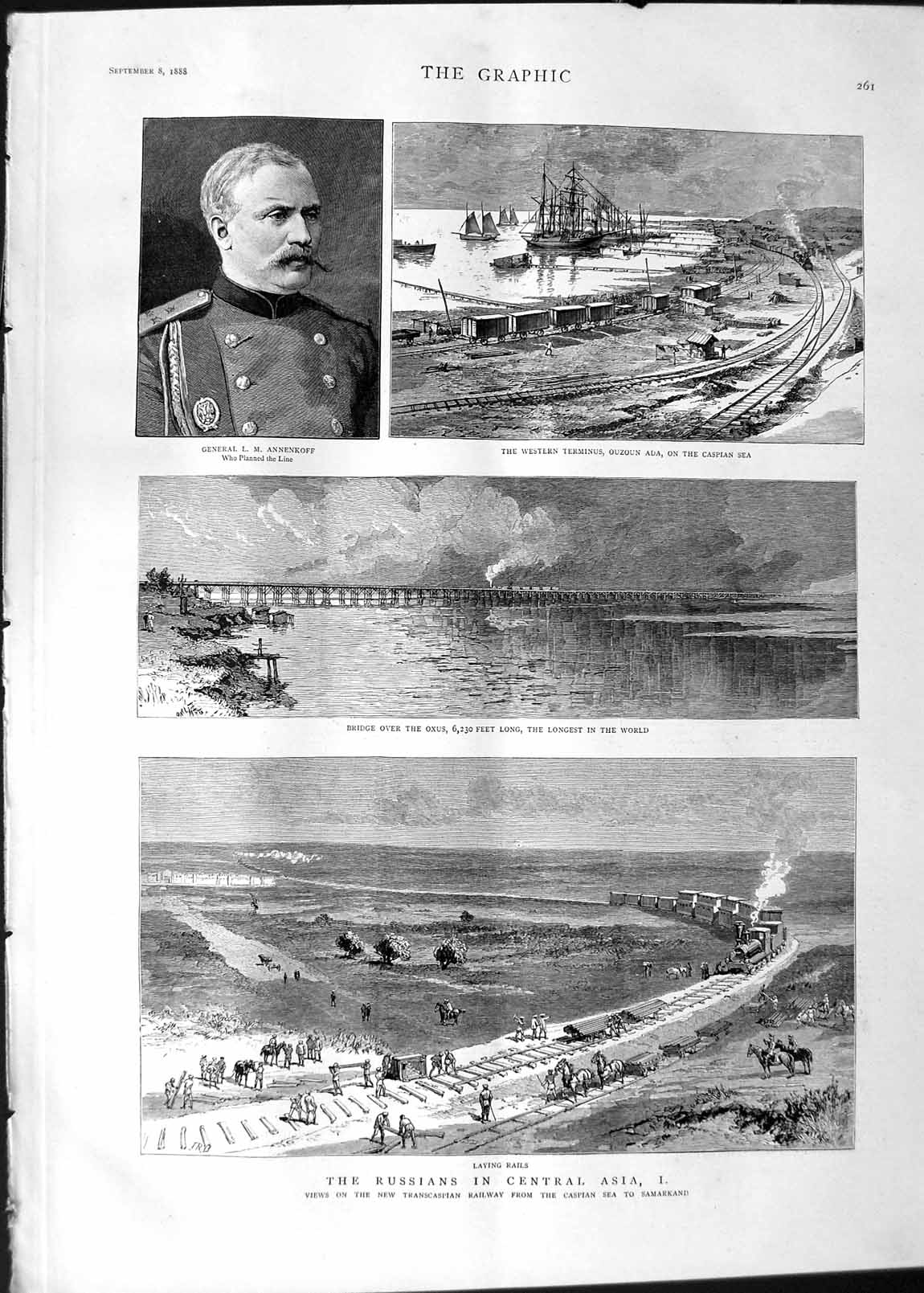 Old Antique Print 1888 Russians Asia Transcaspian Railway Annekoff Oxus 19th