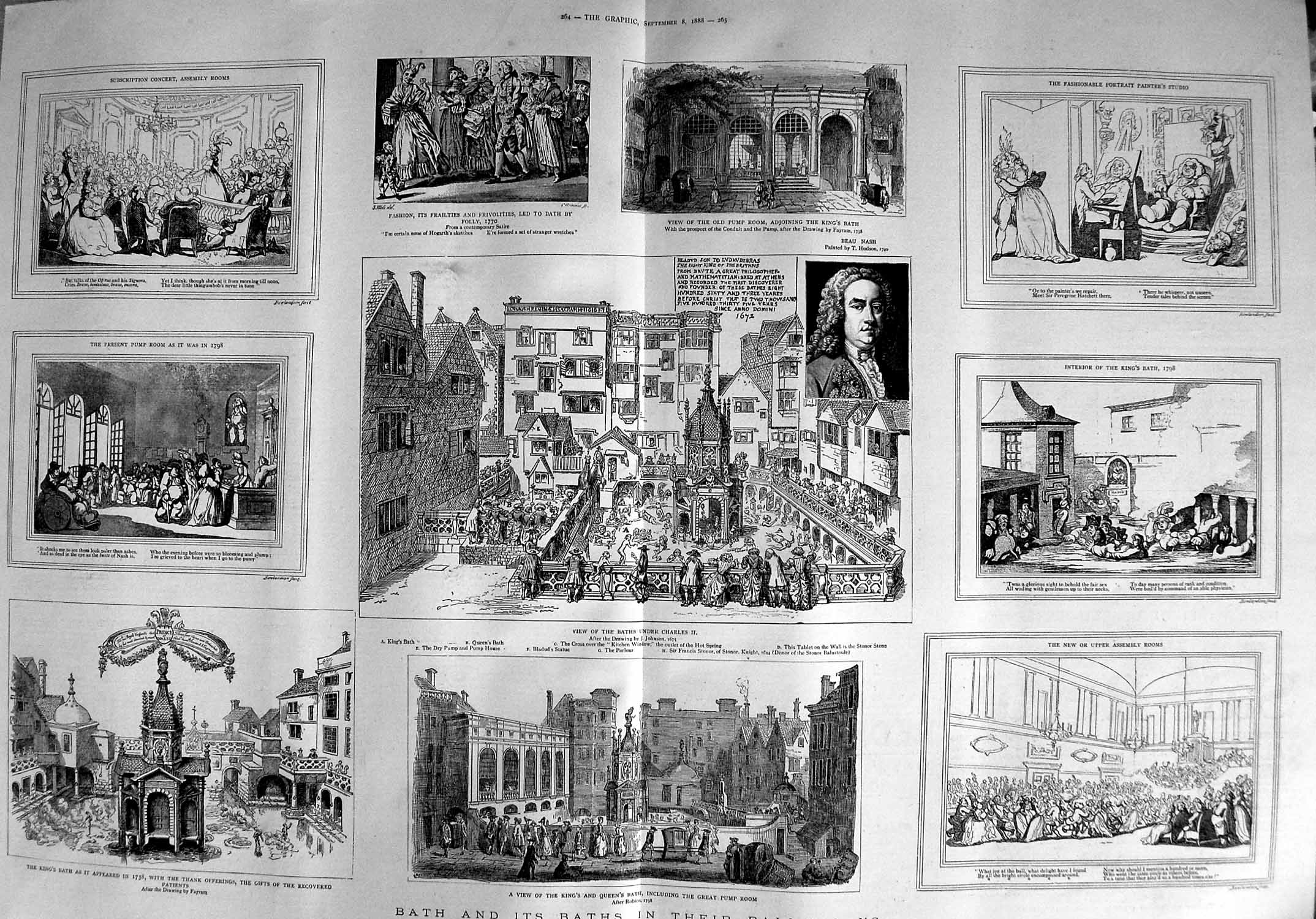 Original Old Antique Print 1888 Bath Beau Nash Assembly Rooms Pump Room 19th