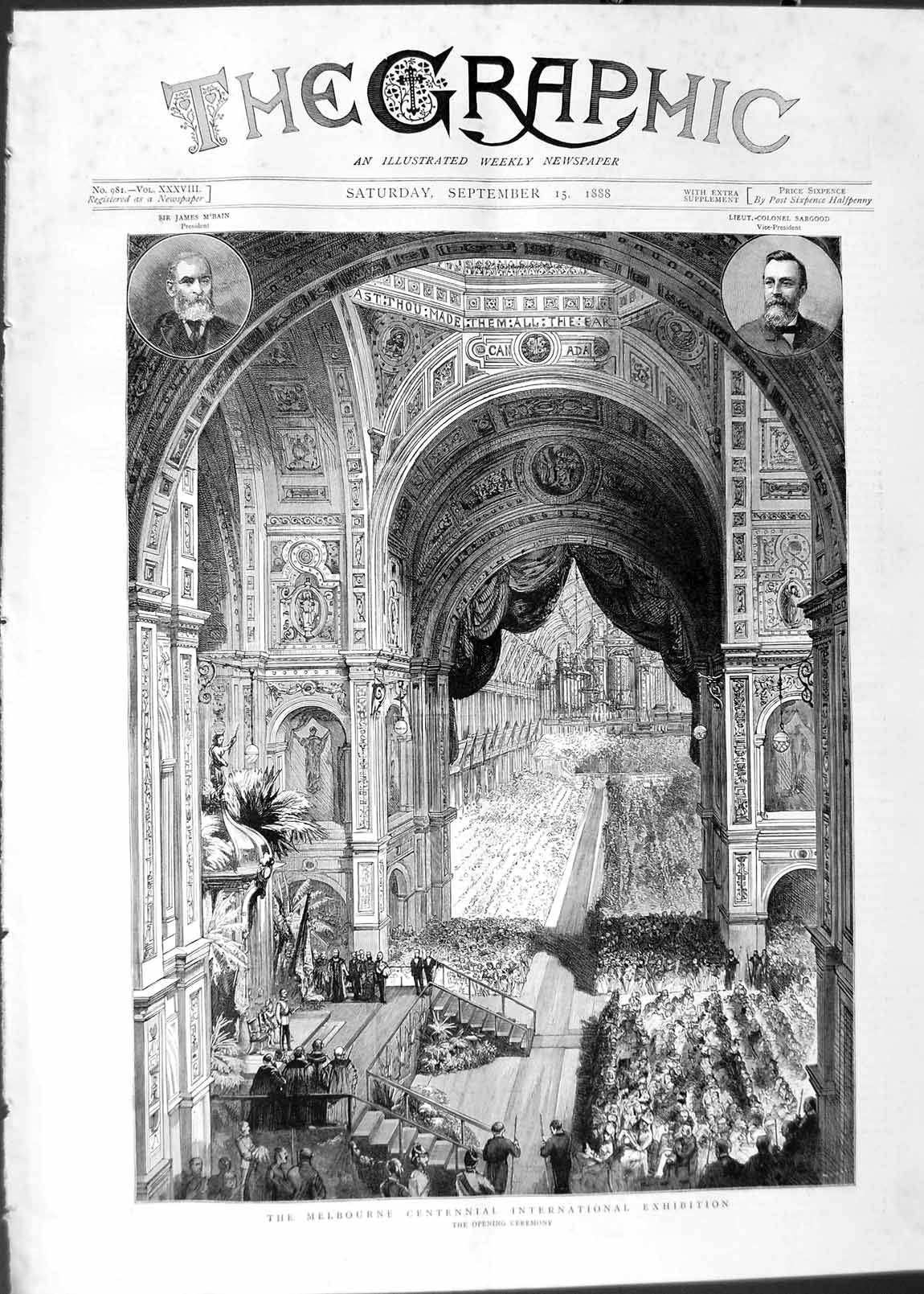Original Old Antique Print 1888 Melbourne Exhibition Mounted Siers Archi 19th