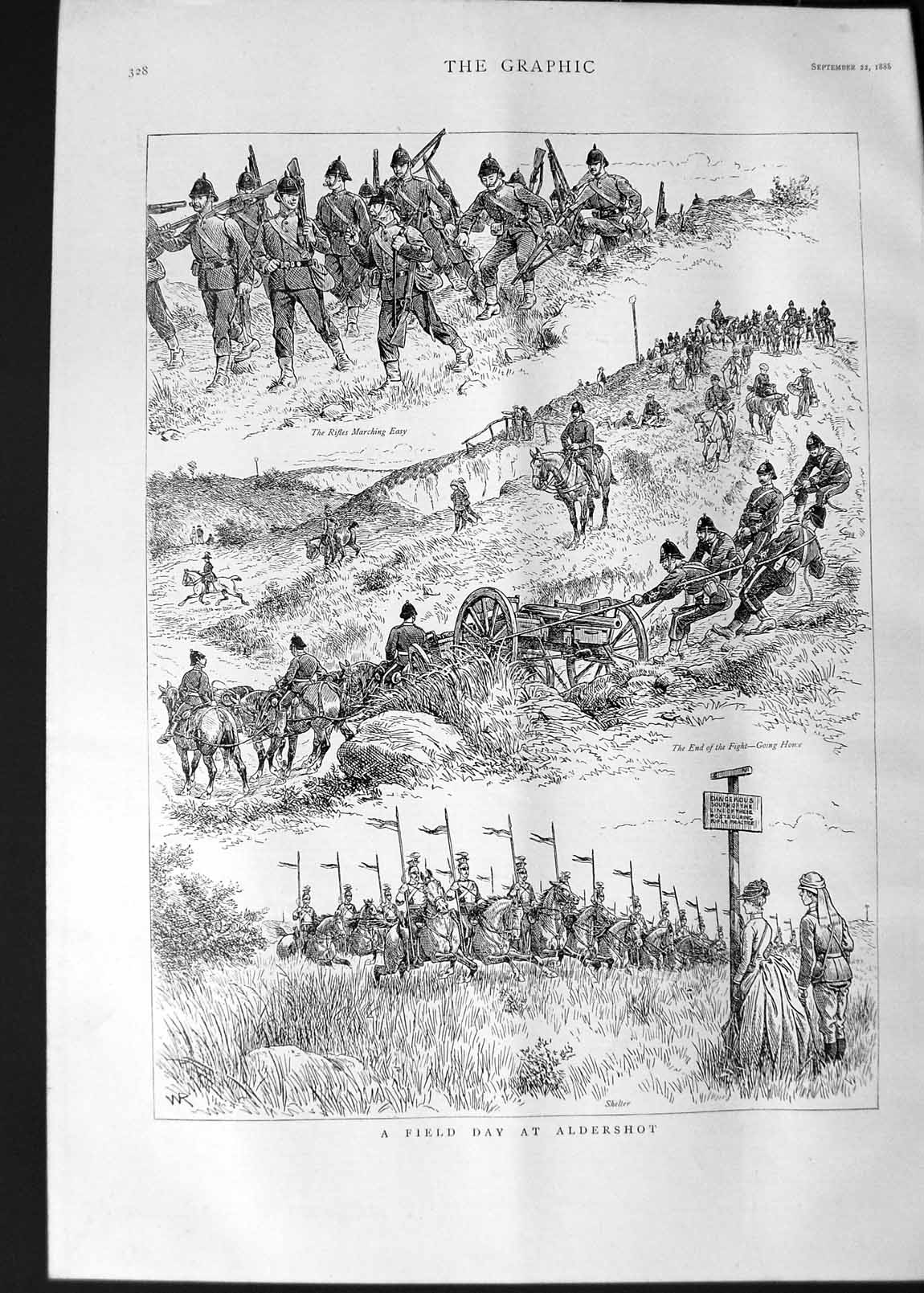 Original Old Antique Print 1888 Scene Field Day In Aldershot Siers River Boat