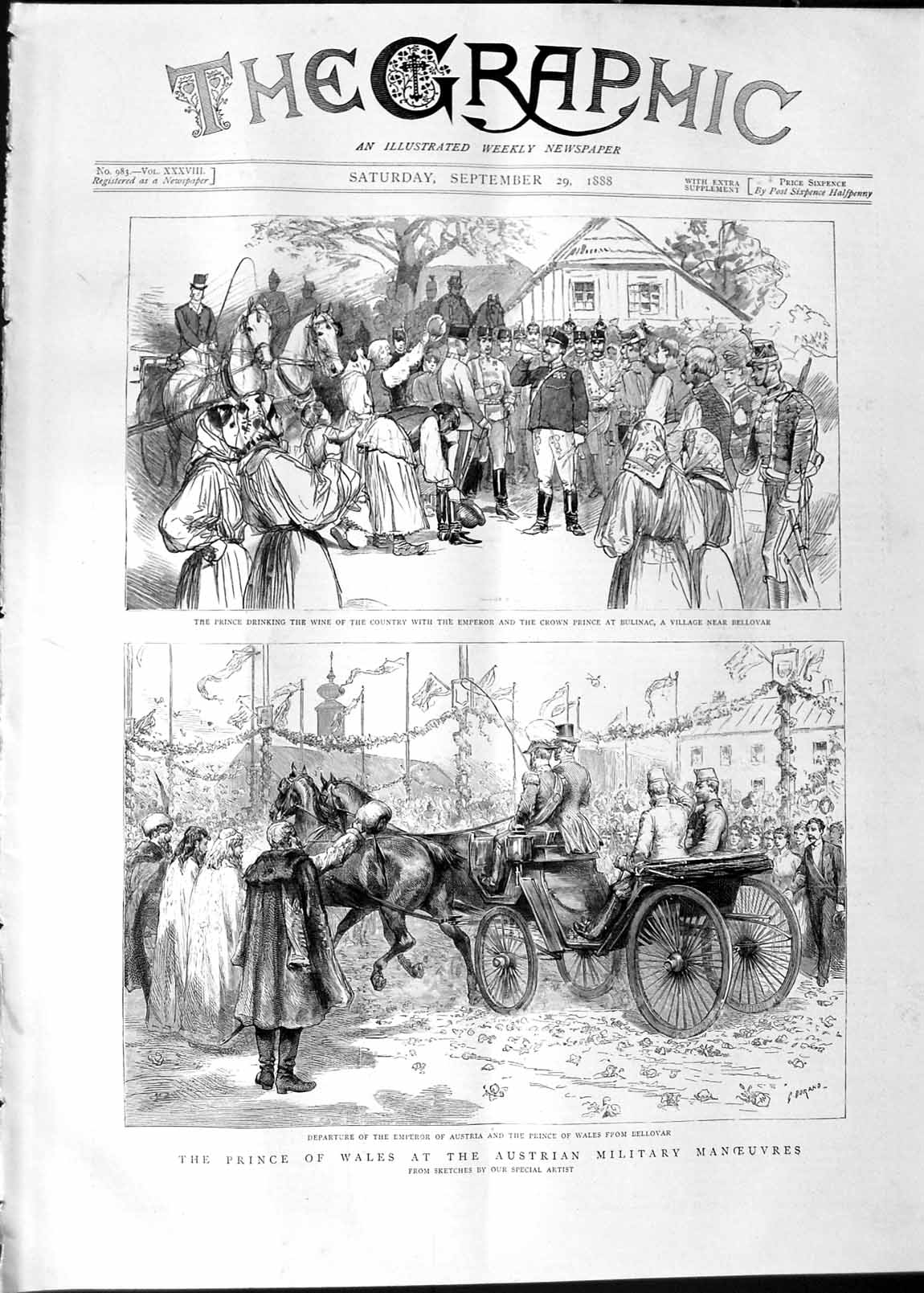 Original Old Antique Print 1888 Prince Wales Austria Bellovar Bulinac Emperor