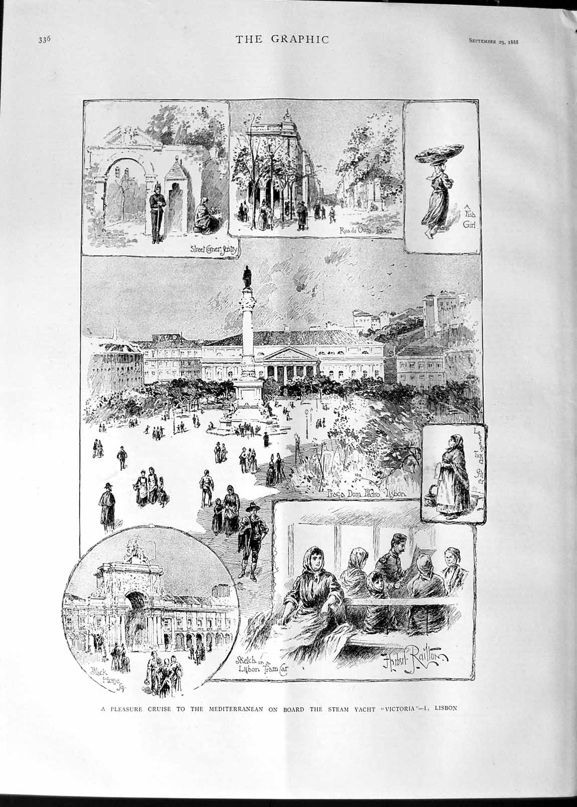 Old Antique Print 1888 Cruise Steam Yacht Victoria Lisbon Portugal Tram 19th