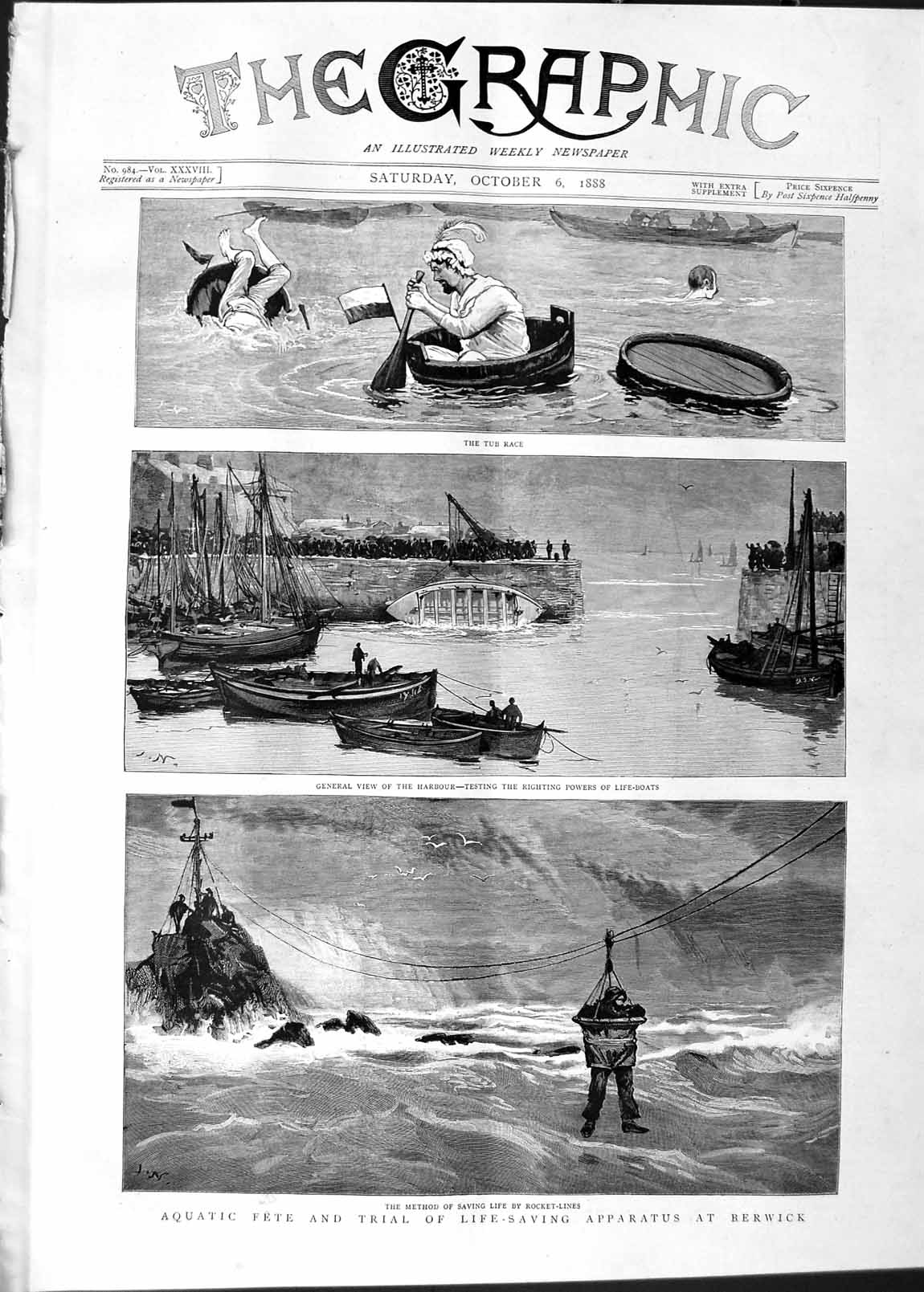Old Antique Print 1888 Life-Saving Apparatus Berwick Harbour Life-Boats 19th