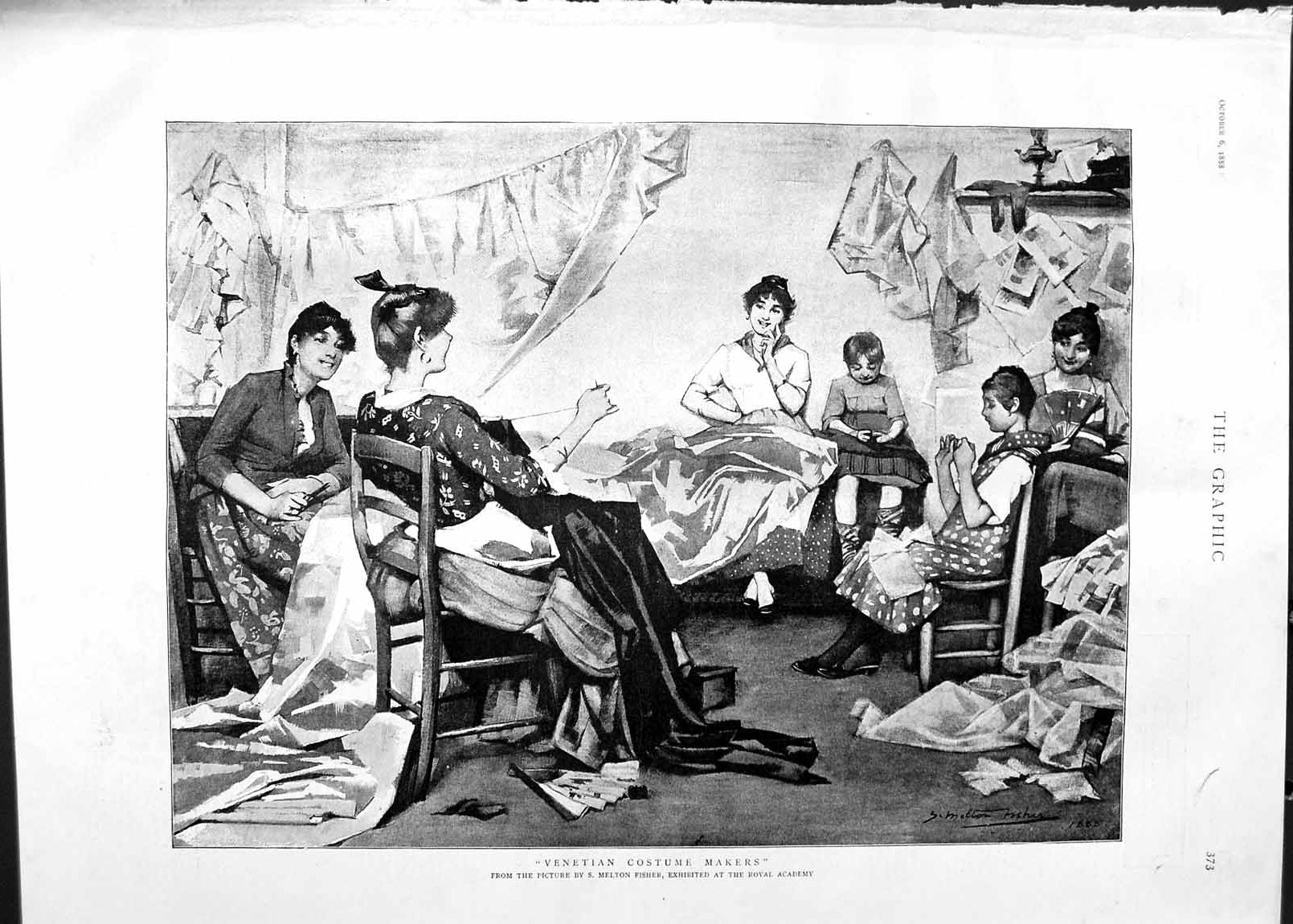 Original Old Antique Print 1888 Scene Venetian Costume Makers Sewing Industry