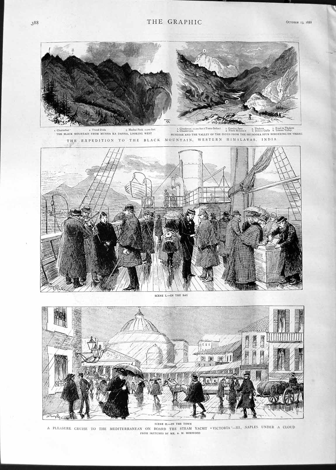 Original Old Antique Print 1888 Yacht Victoria Naples Black Mountains Himalayas