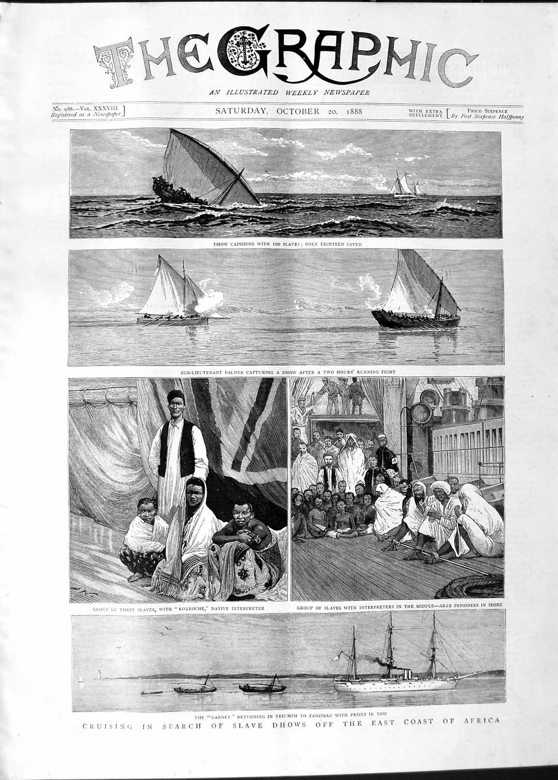 Original Old Antique Print 1888 Slave Dhows Africa Kokroche Arab Prisoners 19th