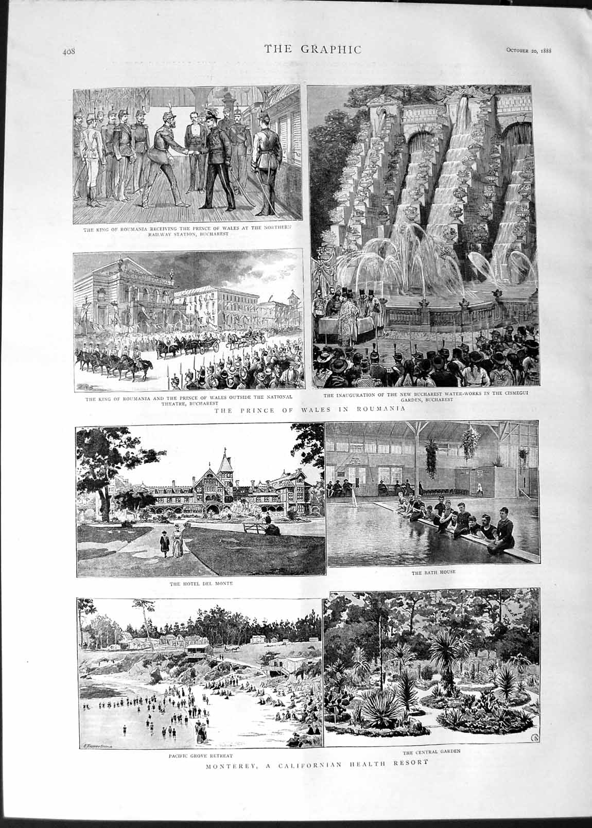 Original Old Antique Print 1888 Monterey California Health Resort Prince Wales