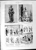 Original Old Antique Print 1888 Statue Shakespeare Gower Yacht Victoria 19th