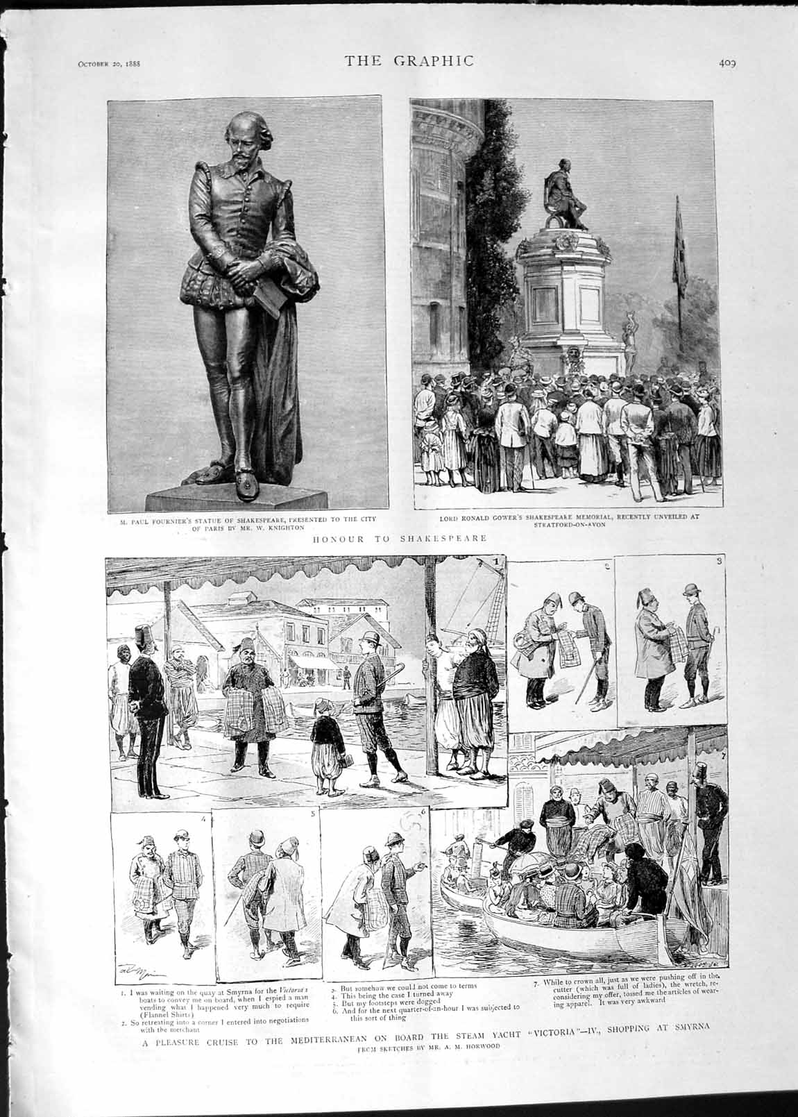 Original Old Antique Print 1888 Statue Shakespeare Gower Yacht Victoria 19th
