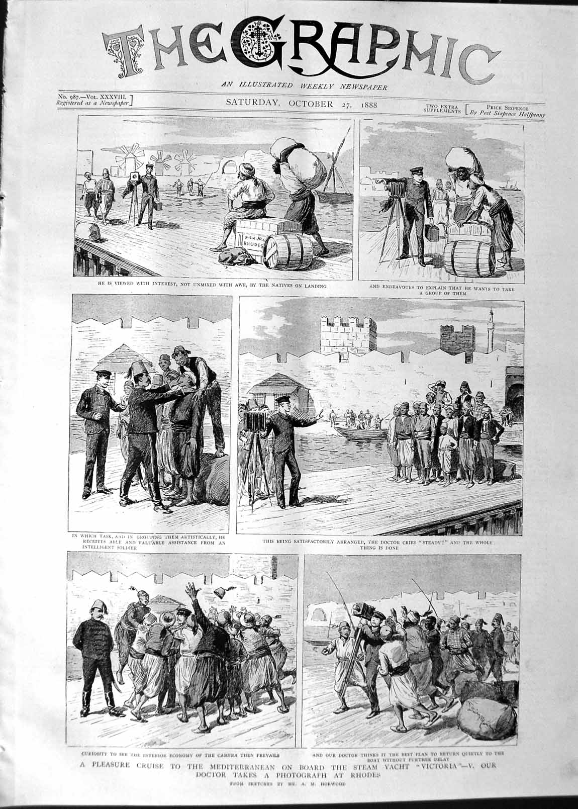 Old Antique Print 1888 Scene Pleasure Cruise Yacht Victoria Rhodes Doctor 19th