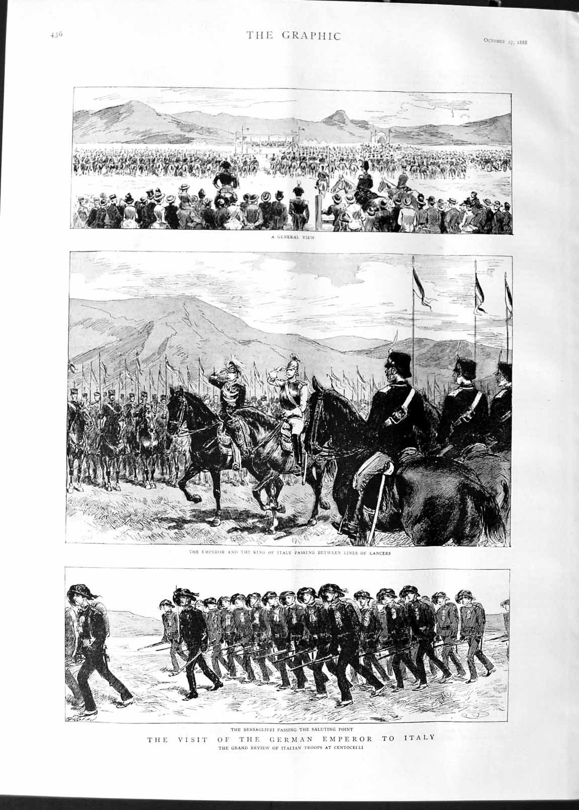 Old Antique Print 1888 German Emperor Italy Bersaglieri Centoceili Army 19th