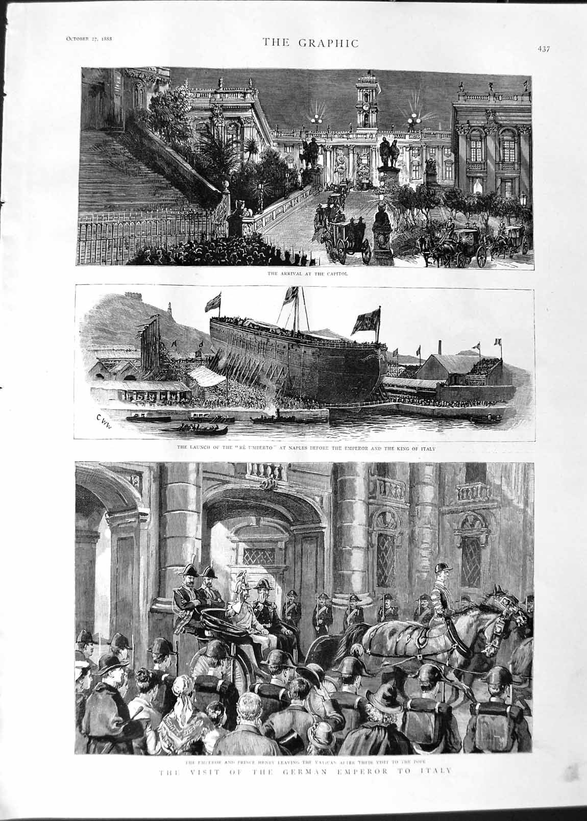 Original Old Antique Print 1888 German Emperor Italy Vatican Re' Umberto Naples