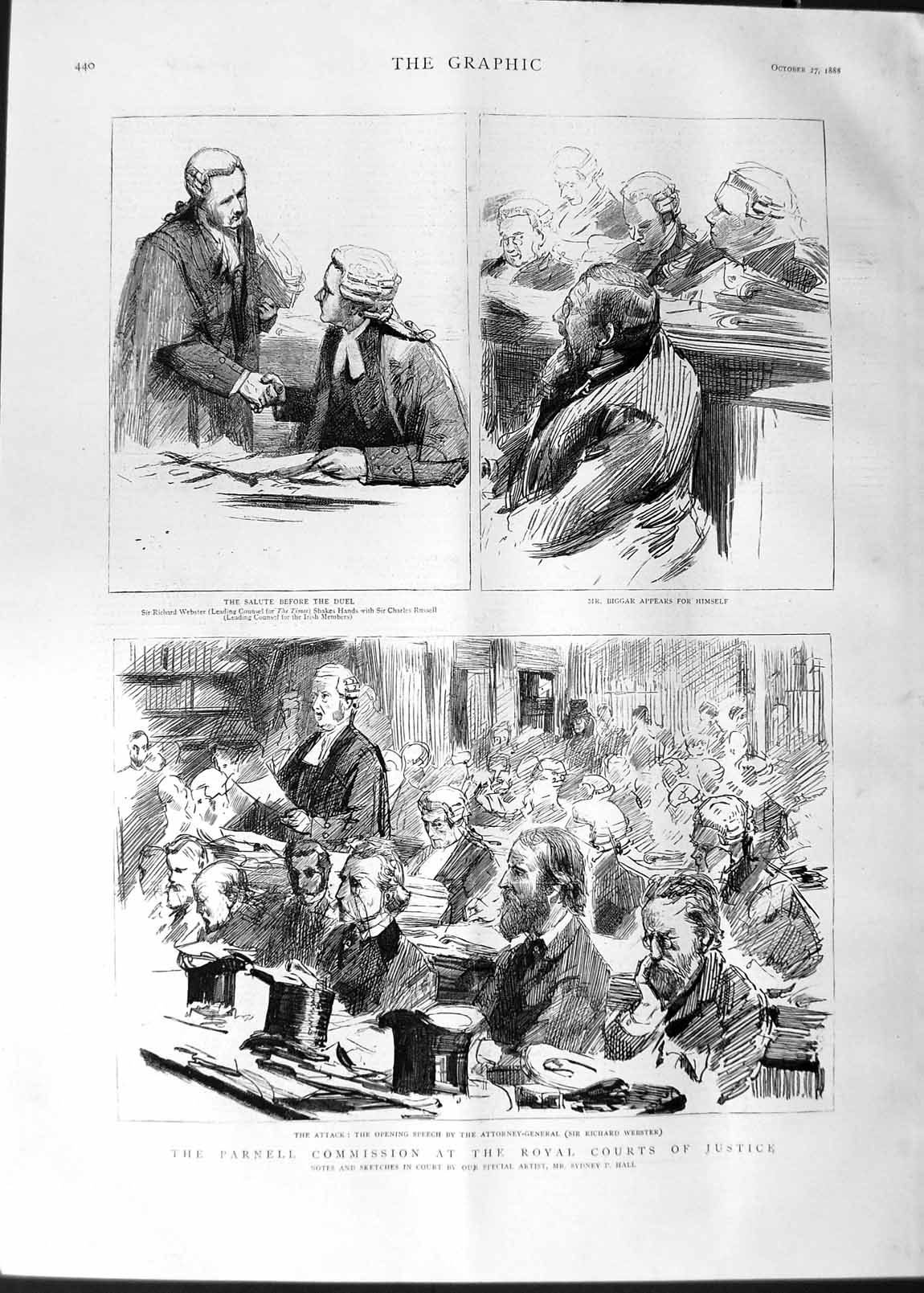Original Old Antique Print 1888 Parnell Commission Royal Courts Justice Webster