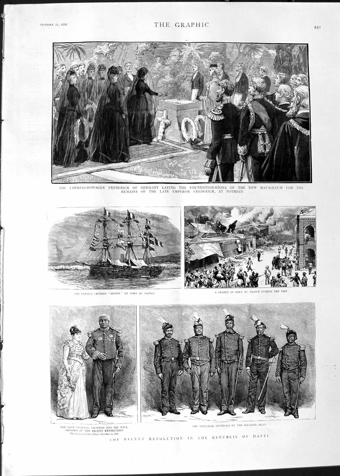 Original Old Antique Print 1888 Hayti Army Salomon French Ship Bisson Potsdam
