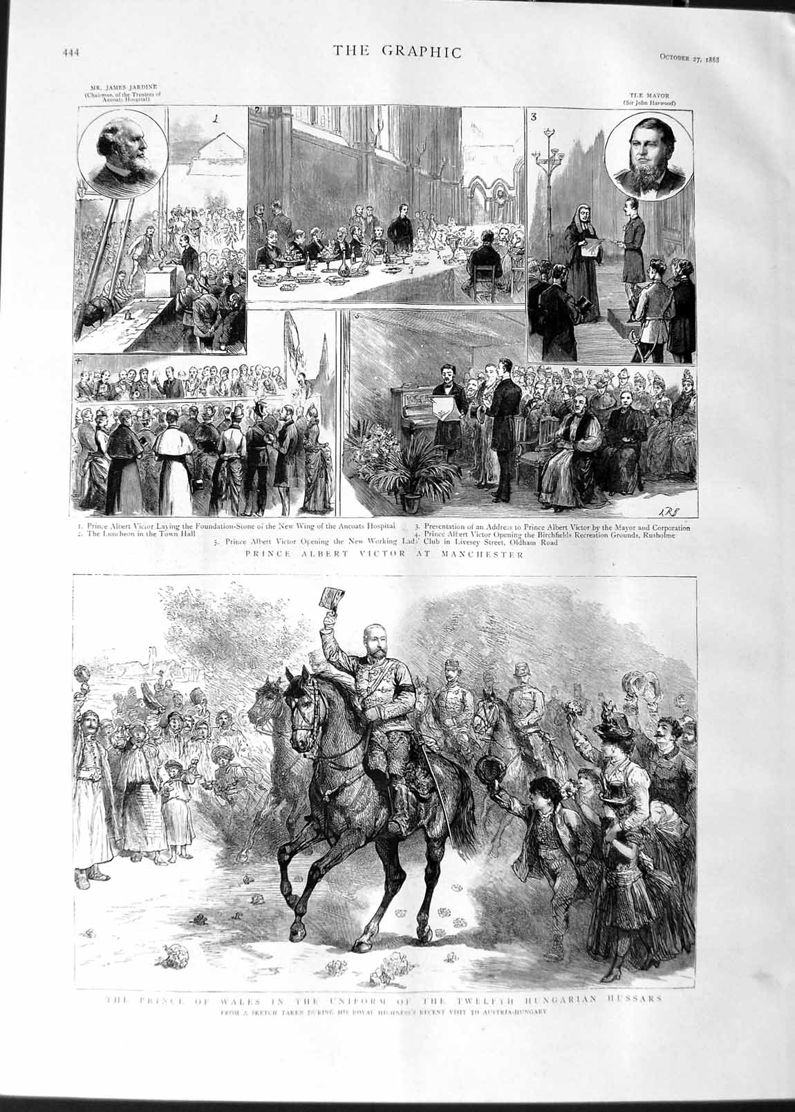 Old Antique Print 1888 Prince Wales Hungarian Hussars Victor Manchester 19th