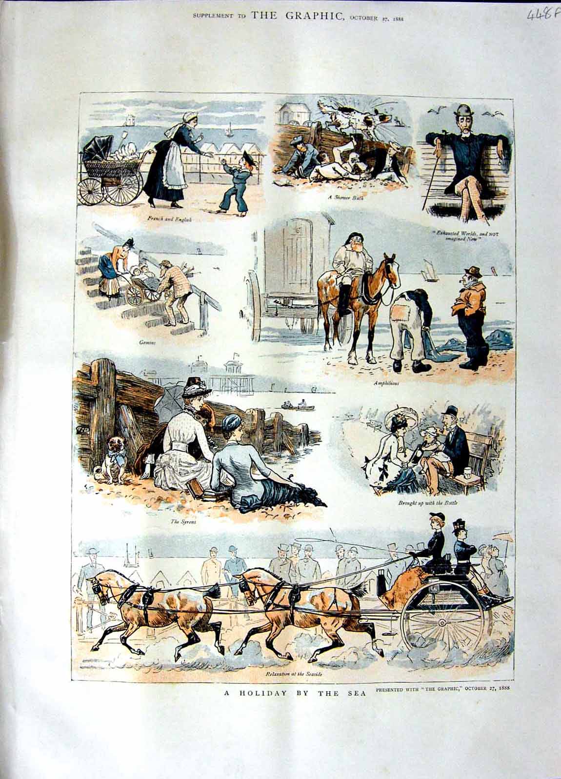 Original Old Antique Print 1888 Colour Holiday Sea Scenes HorsesVictorian