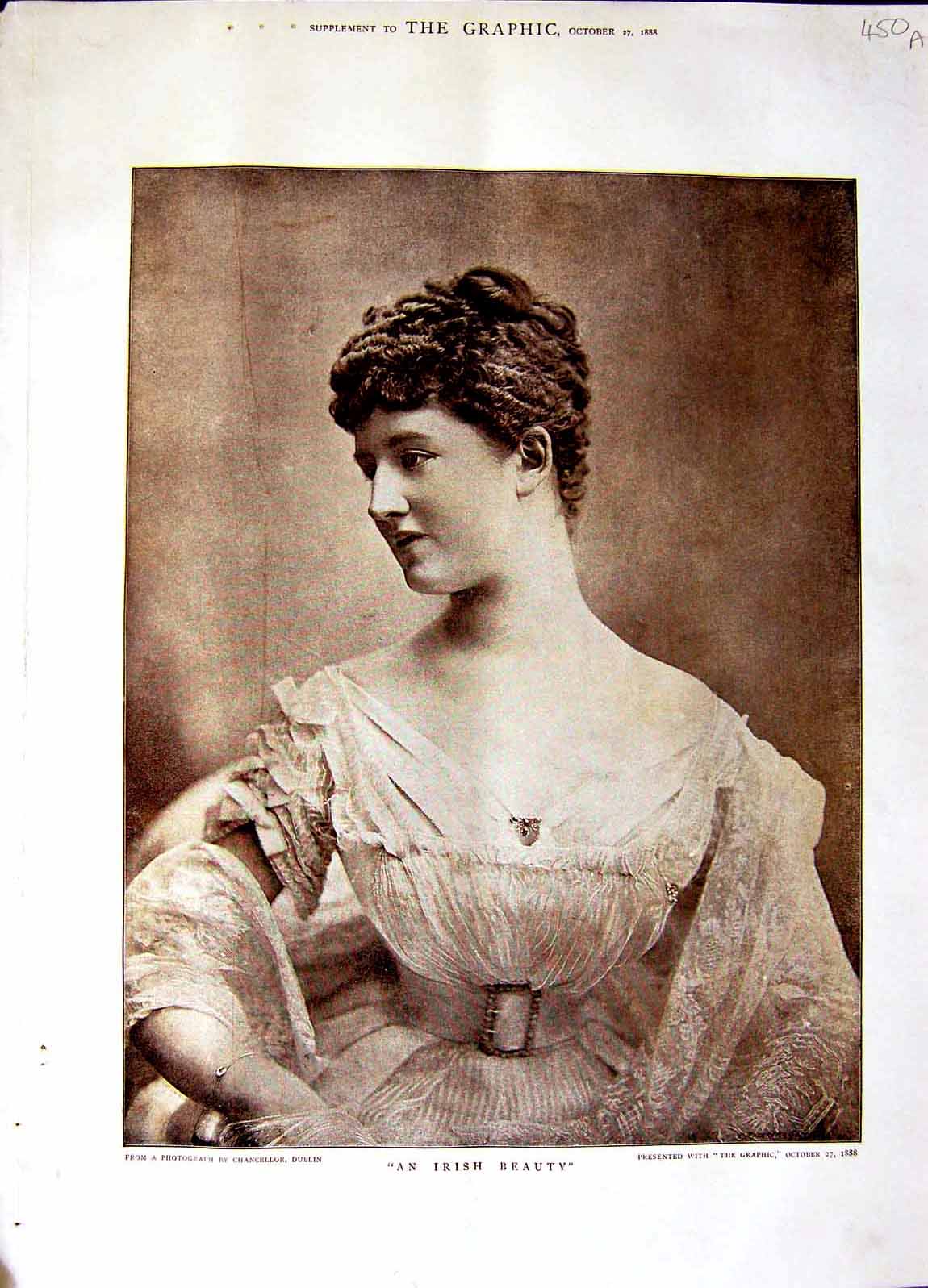 Original Old Antique Print 1888 Portrait Photograph Beautiful Irish Lady 19th