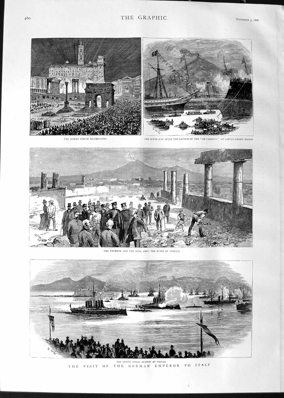 Original Old Antique Print 1888 German Emperor Italy Naples Pompeii Ship 19th