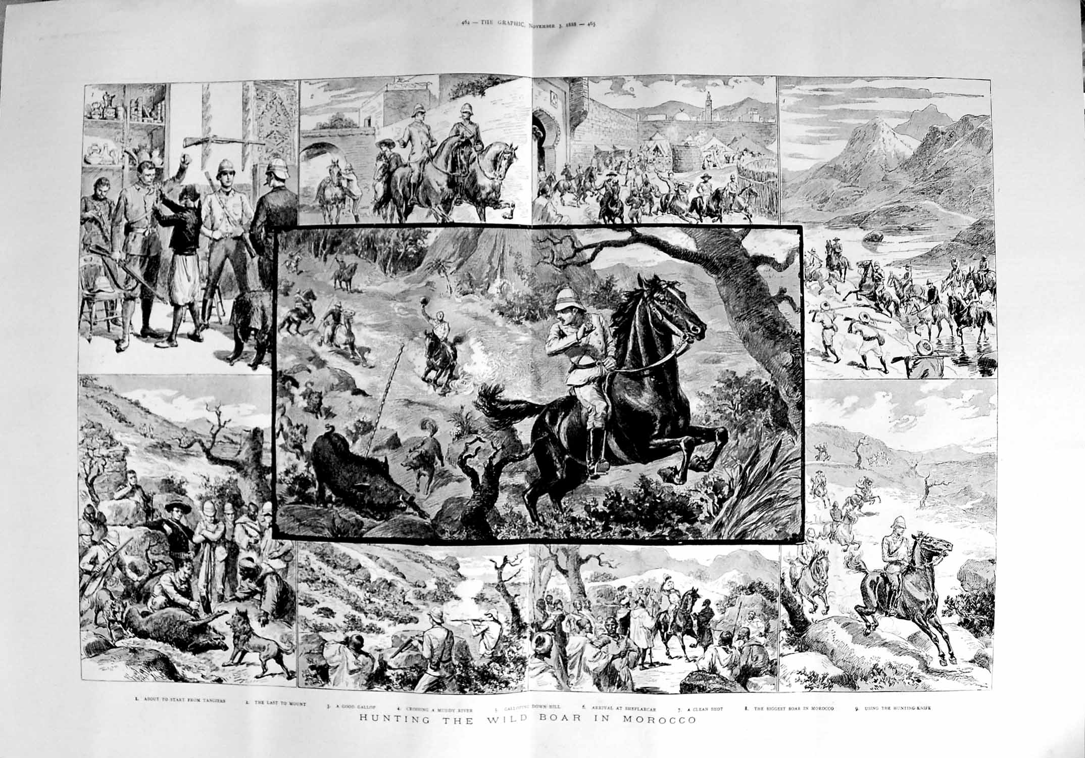 Original Old Antique Print 1888 Hunting Wild Boar Morocco Sheflarcar Victorian