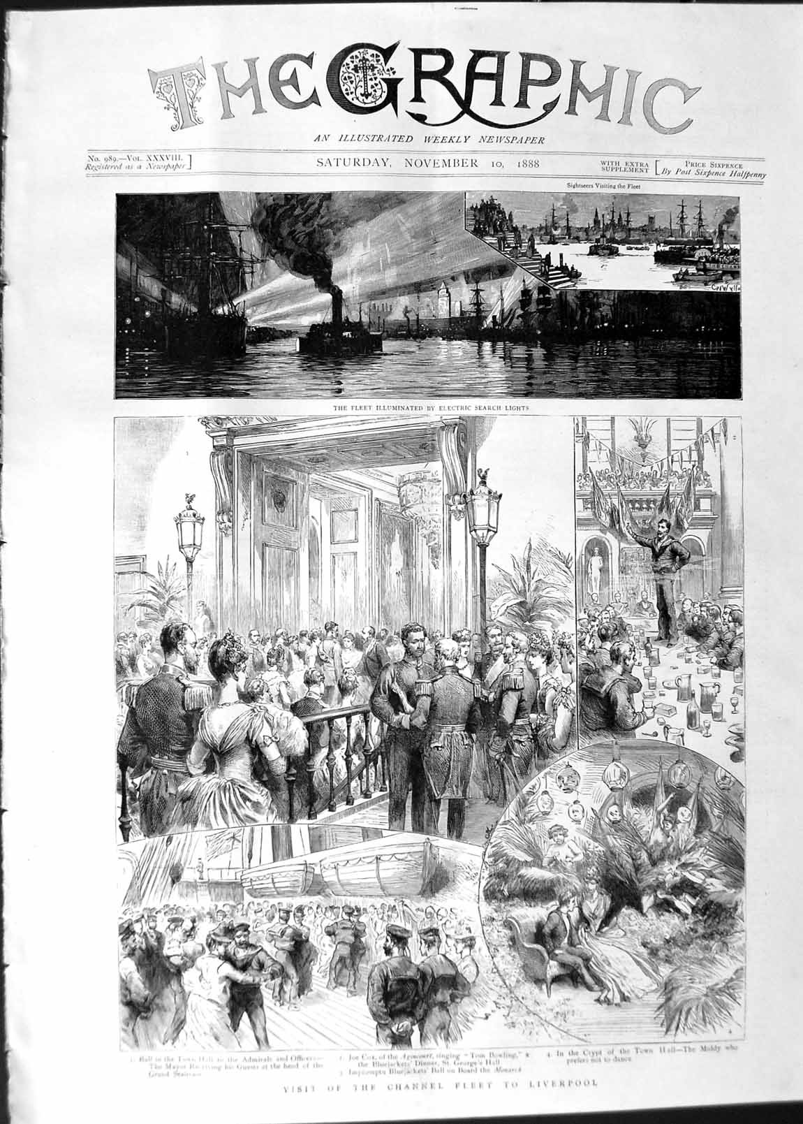 Old Antique Print 1888 Channel Fleet Ships Liverpool Mayor Town Hall Ball 19th