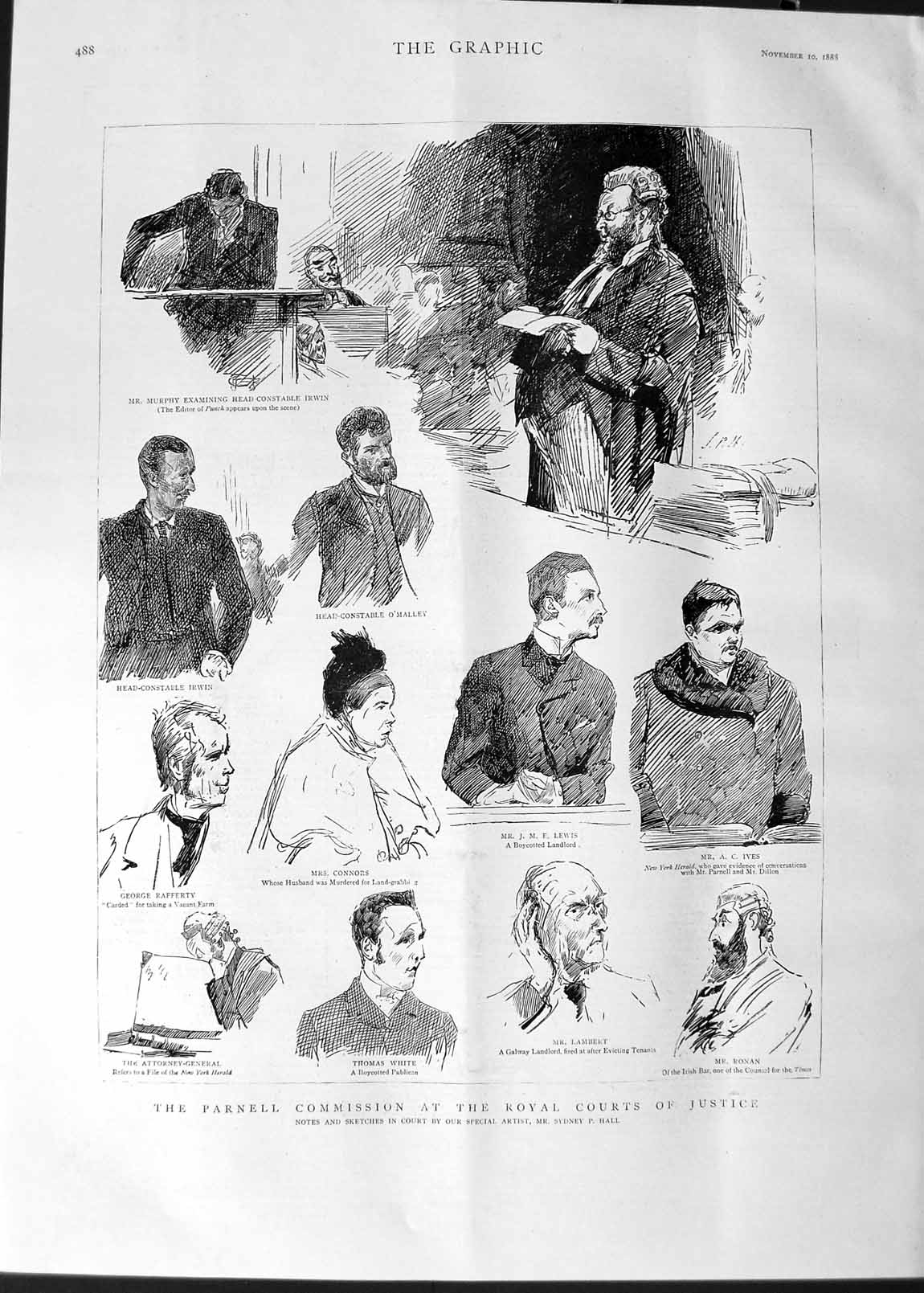 Original Old Antique Print 1888 Parnell Commission Royal Courts Justice Lewis