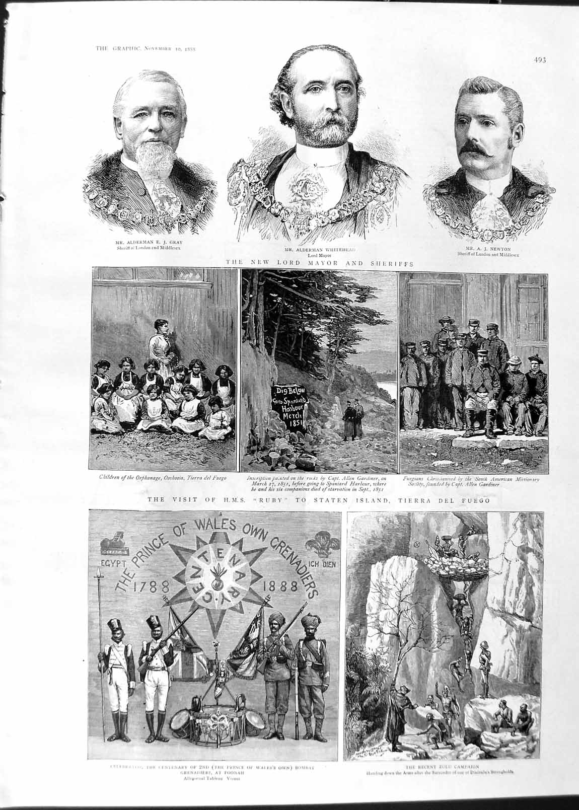Original Old Antique Print 1888 Lord Mayor Newton Gray Whitehead Tierra Fuego