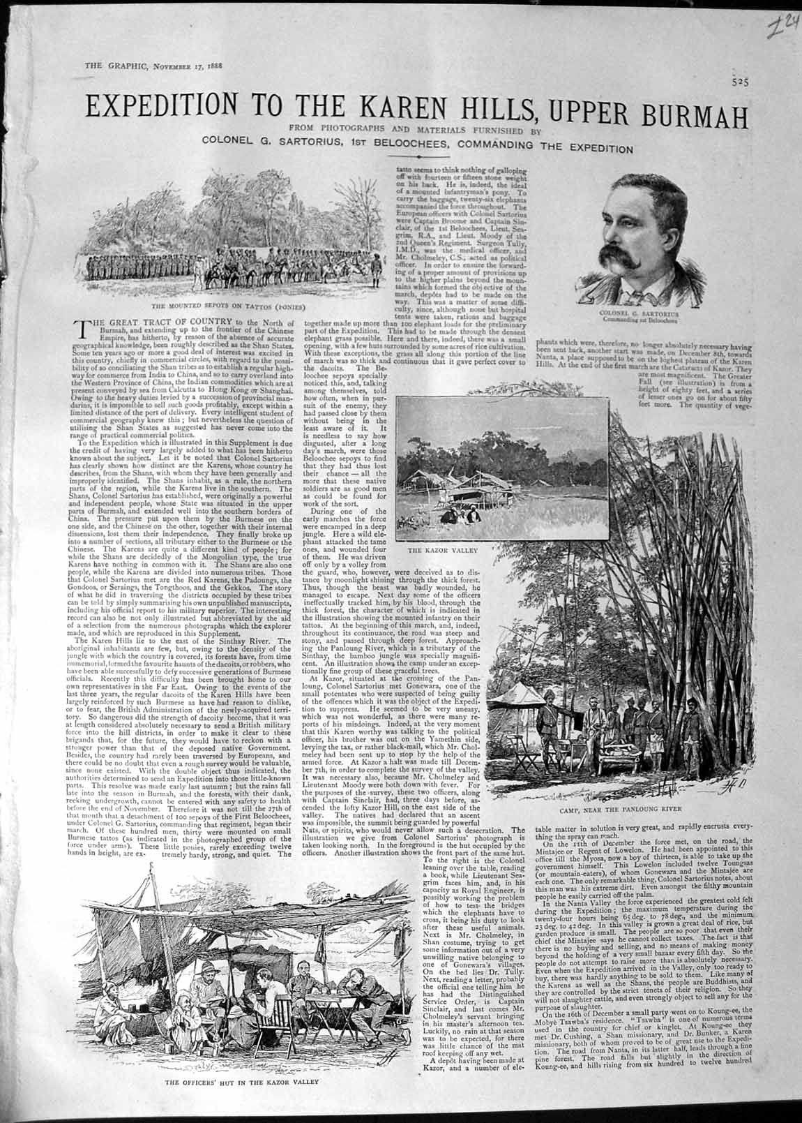 Original Old Antique Print 1888 Expedition Karen Hills Upper Burmah Sartorius