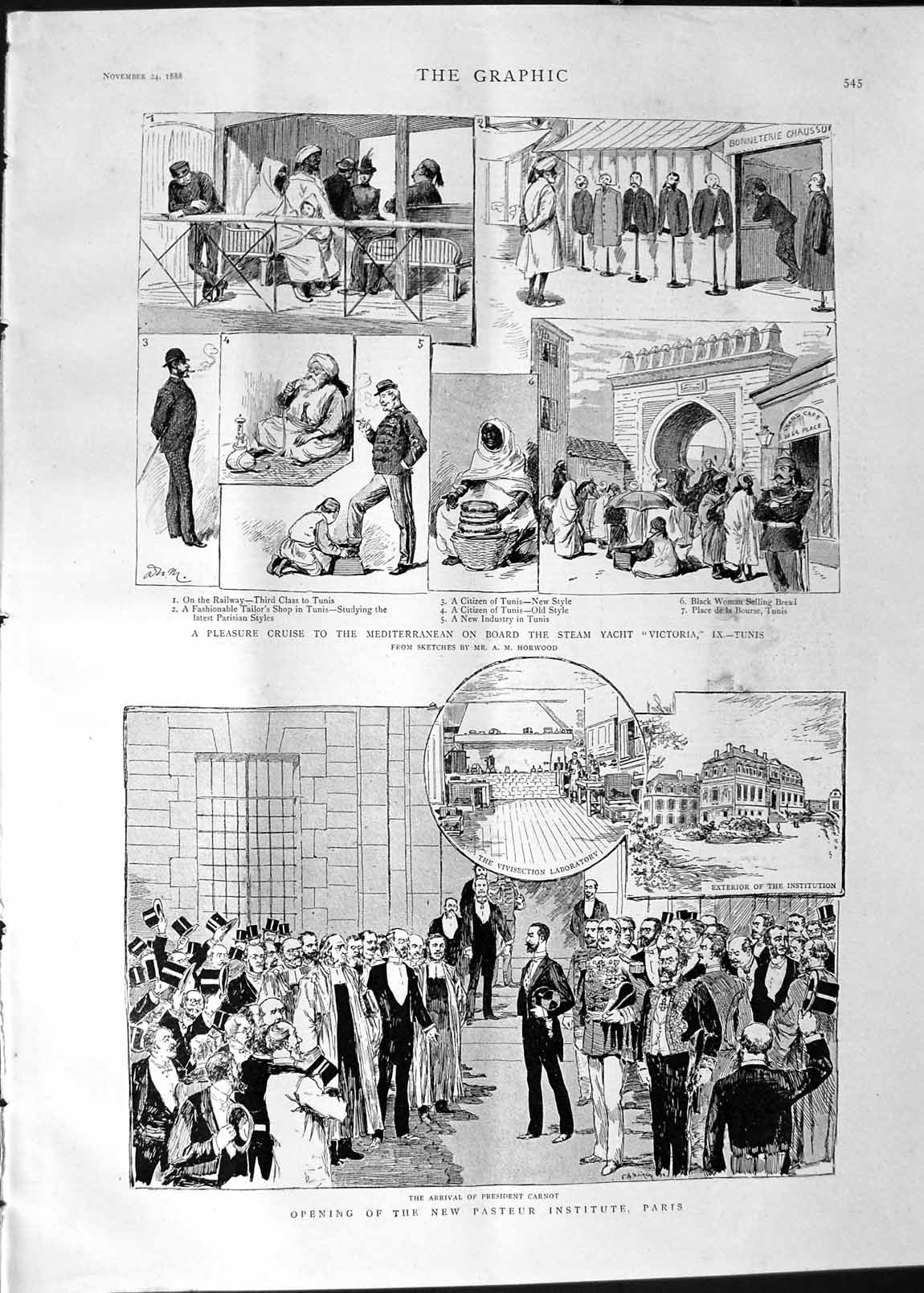 Original Old Antique Print 1888 Pasteur Institute Paris Carnot Yacht Victoria