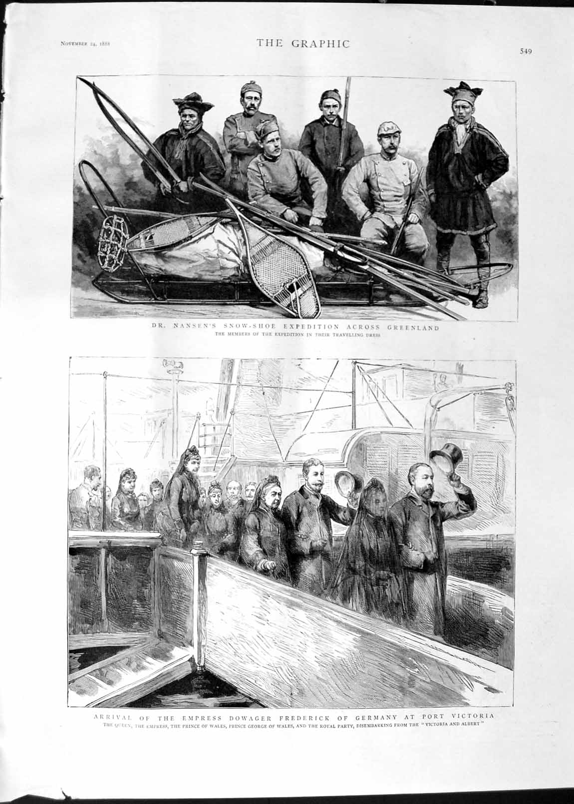Original Old Antique Print 1888 Nansen Expedition Greenland Empress Germa 19th