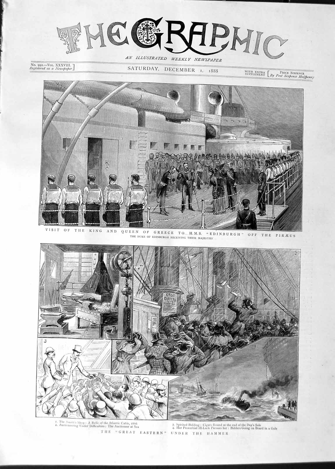 Old Antique Print 1888 King Greece Ship Edinburgh Piraeus Great Eastern 19th