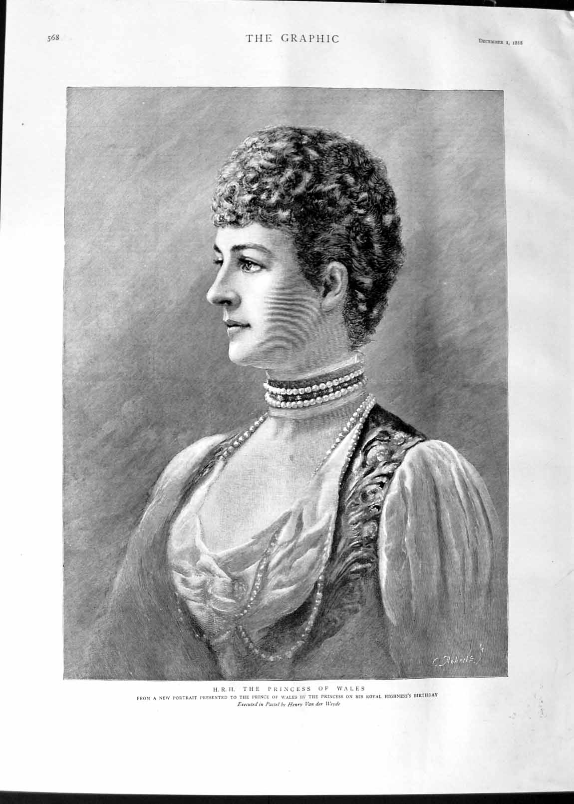 Original Old Antique Print 1888 Portrait H.R.H. Princess Wales Royalty 19th