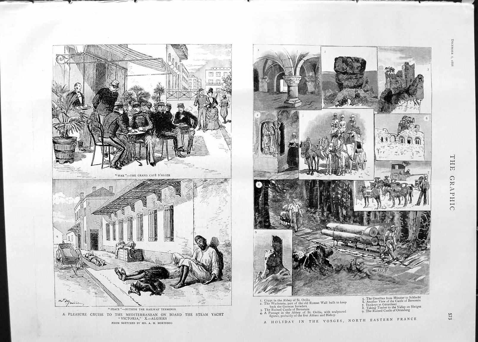 Old Antique Print 1888 Vosges France Abbey Ovilia Yacht Victoria Algiers 19th
