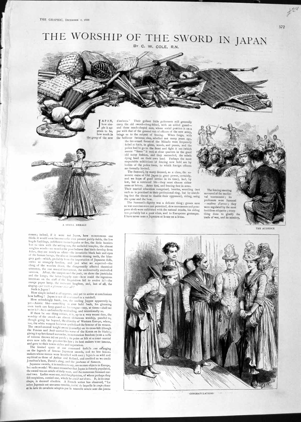 Original Old Antique Print 1888 Story Scenes Worship Sword Japan Venus Victrix