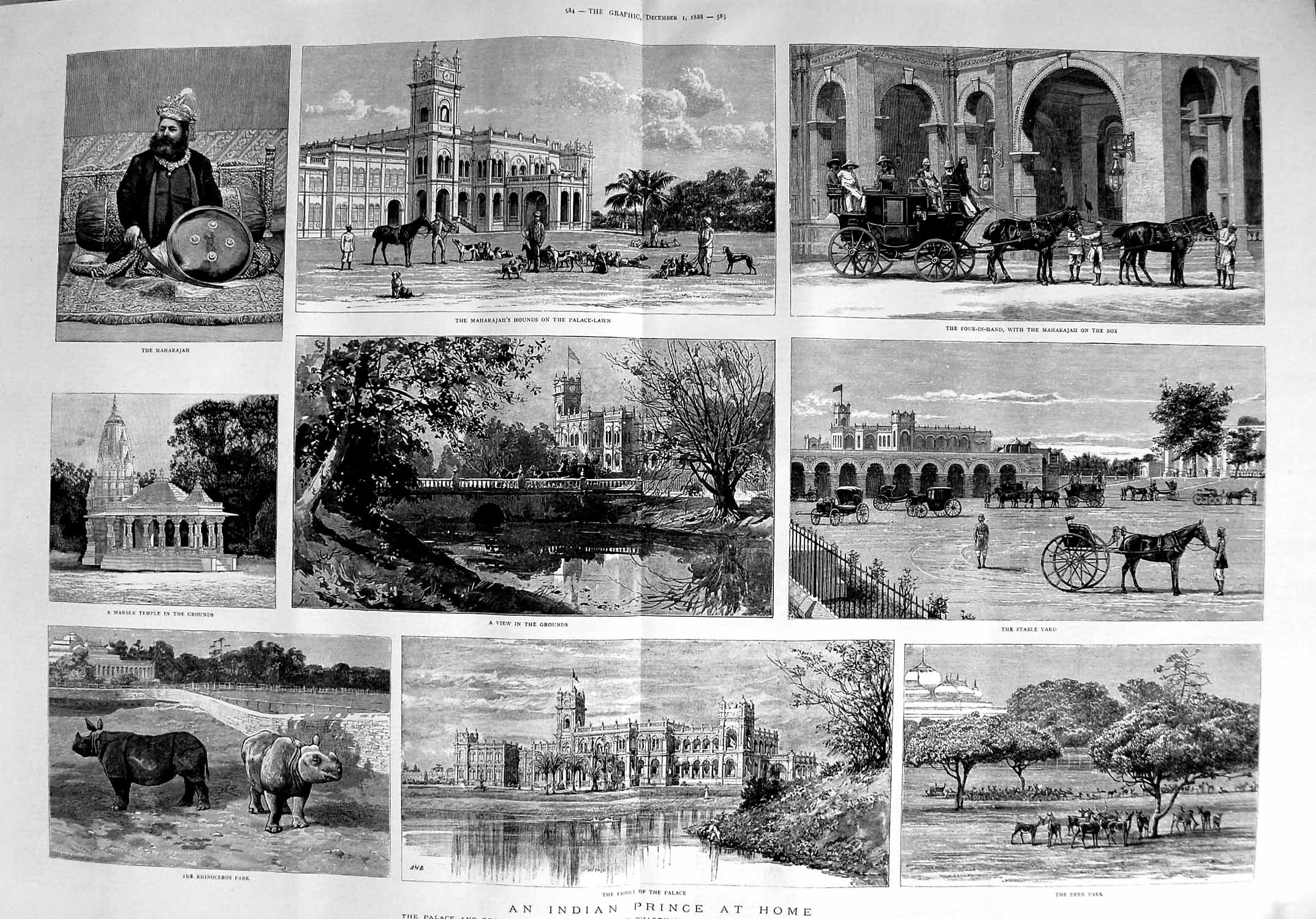 Original Old Antique Print 1888 Palace Maharajah Dharbhanga Behar Rhinocerous
