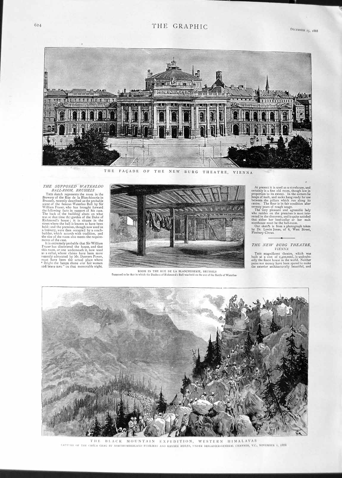 Original Old Antique Print 1888 Chela Crag Siers Himalayas Burg Theatre Vienna