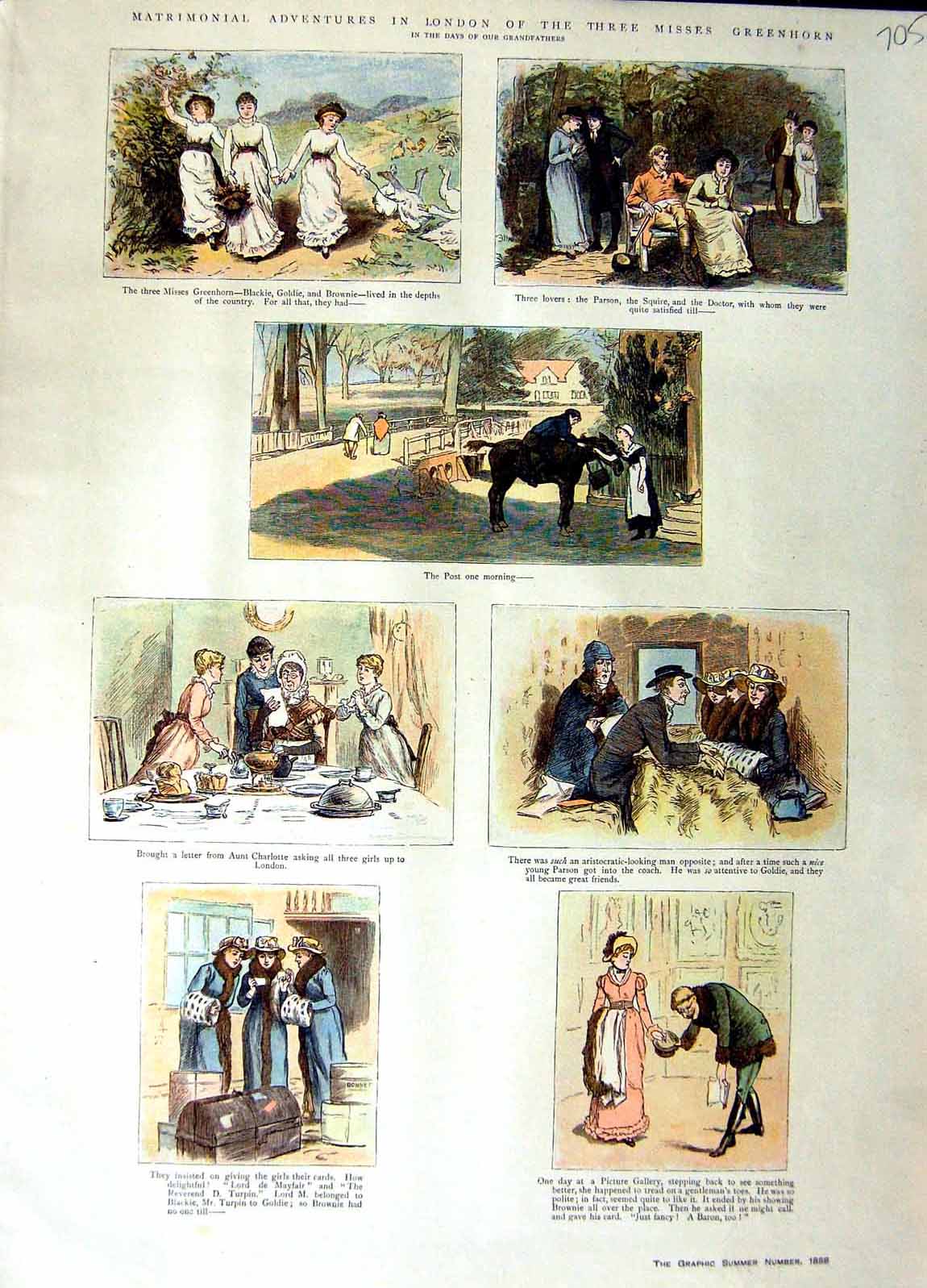 Original Old Antique Print 1888 Colour Story Greenhorn Ladies London Victorian