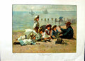 Original Old Antique Print 1888 Colour Sea-Side Scene Children Beach Man 19th