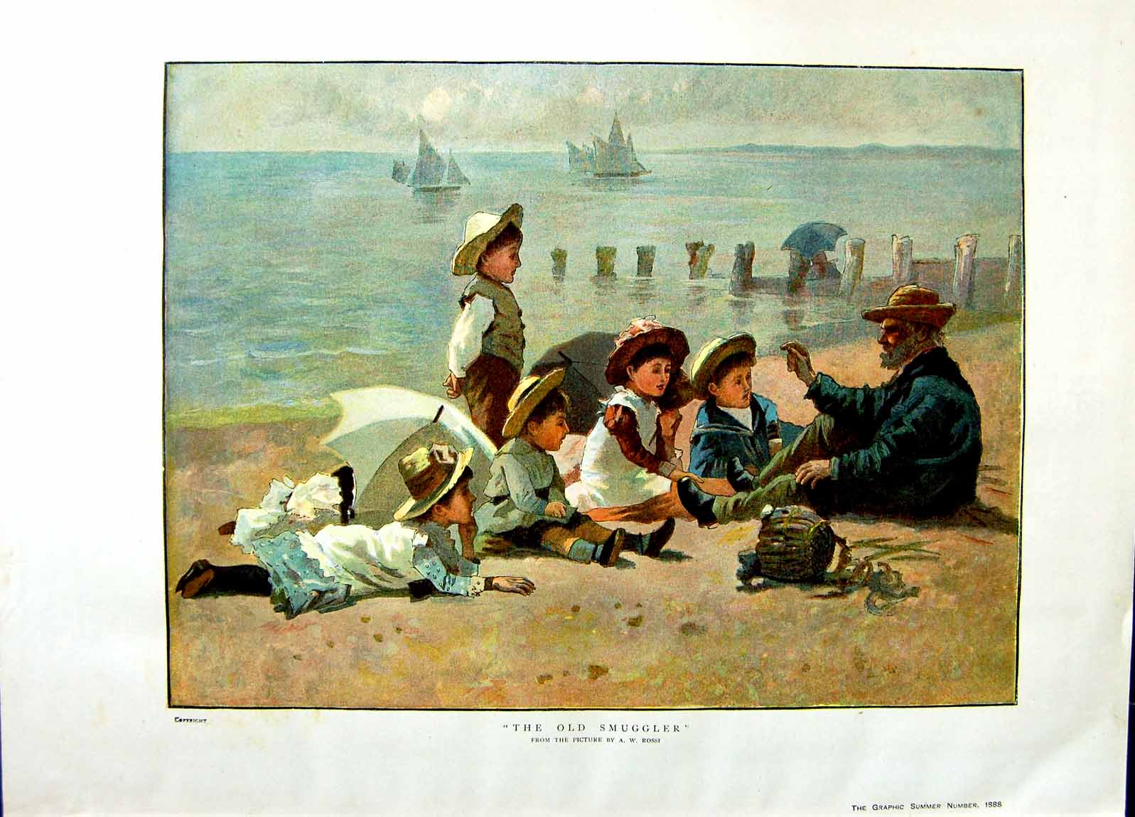 Original Old Antique Print 1888 Colour Sea-Side Scene Children Beach Man 19th