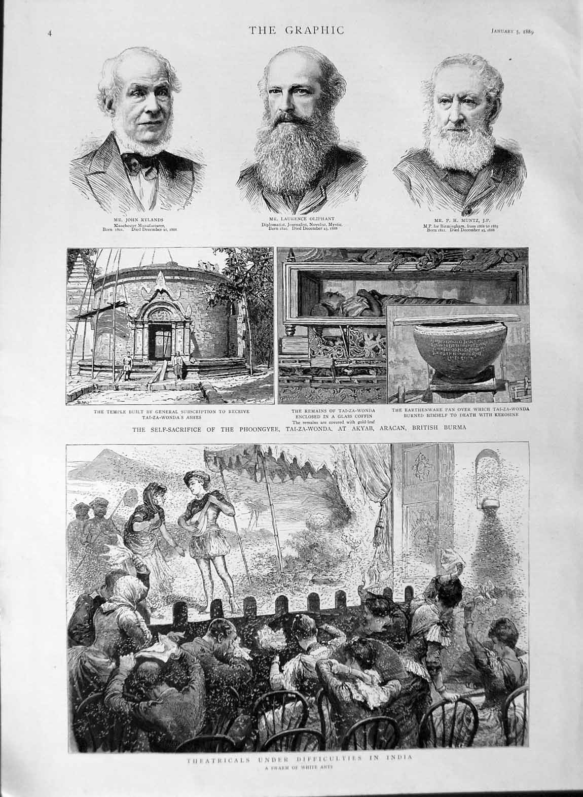 Original Old Antique Print 1889 Theatre India White Ants Phoongyee Burma 19th