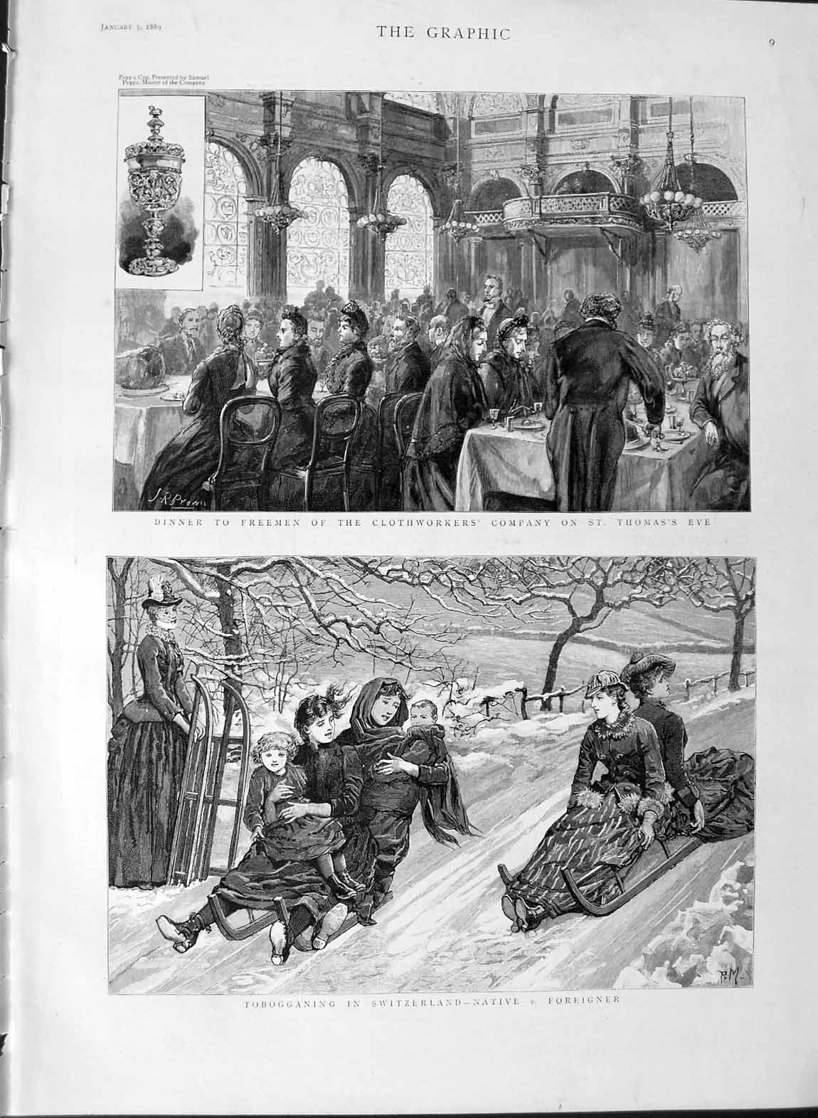 Original Old Antique Print 1889 Tobogganing Switzerland Clothworkers Compan 19th