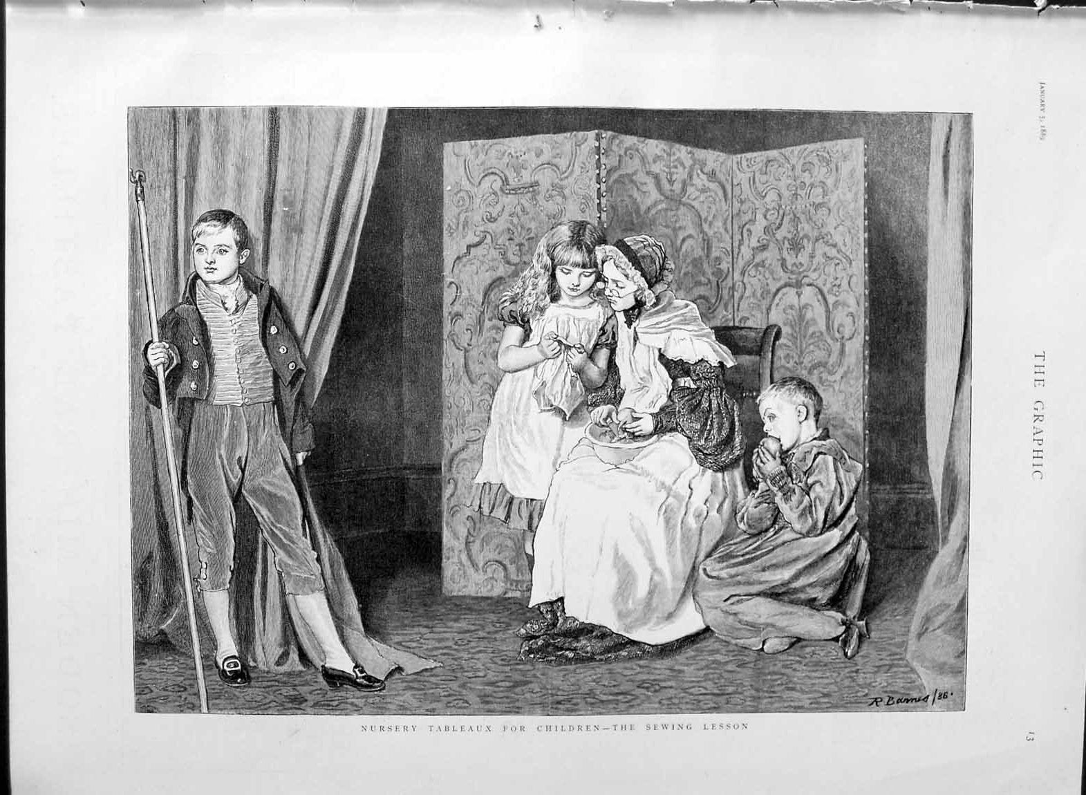 Antique Old Print *3106 1889 Nursery Tableaux Children Sewing Lesson Fine Art