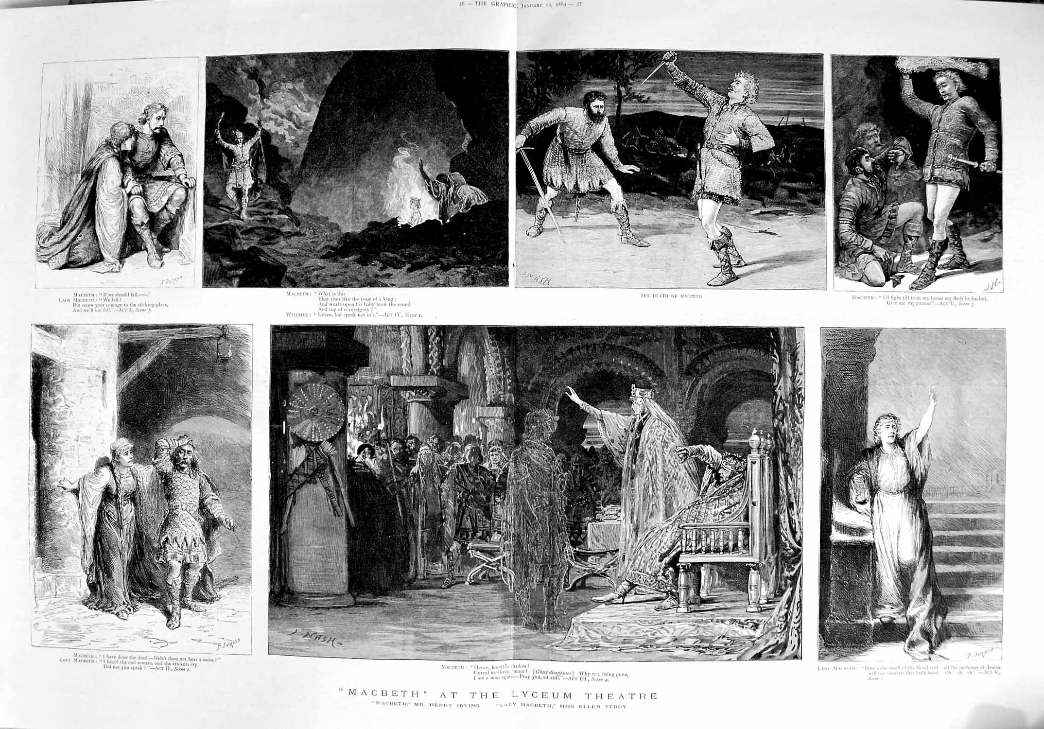Original Old Antique Print 1889 Macbeath Lyceum Theatre Death Scene Witch 19th