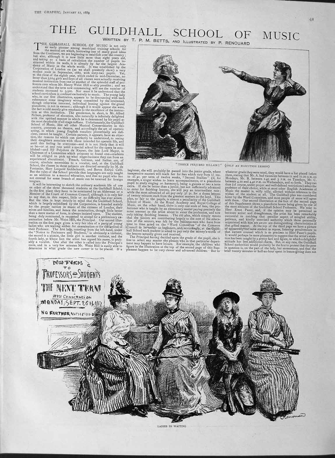 Original Old Antique Print 1889 Guildhall School Music Students Signor Li Calsi