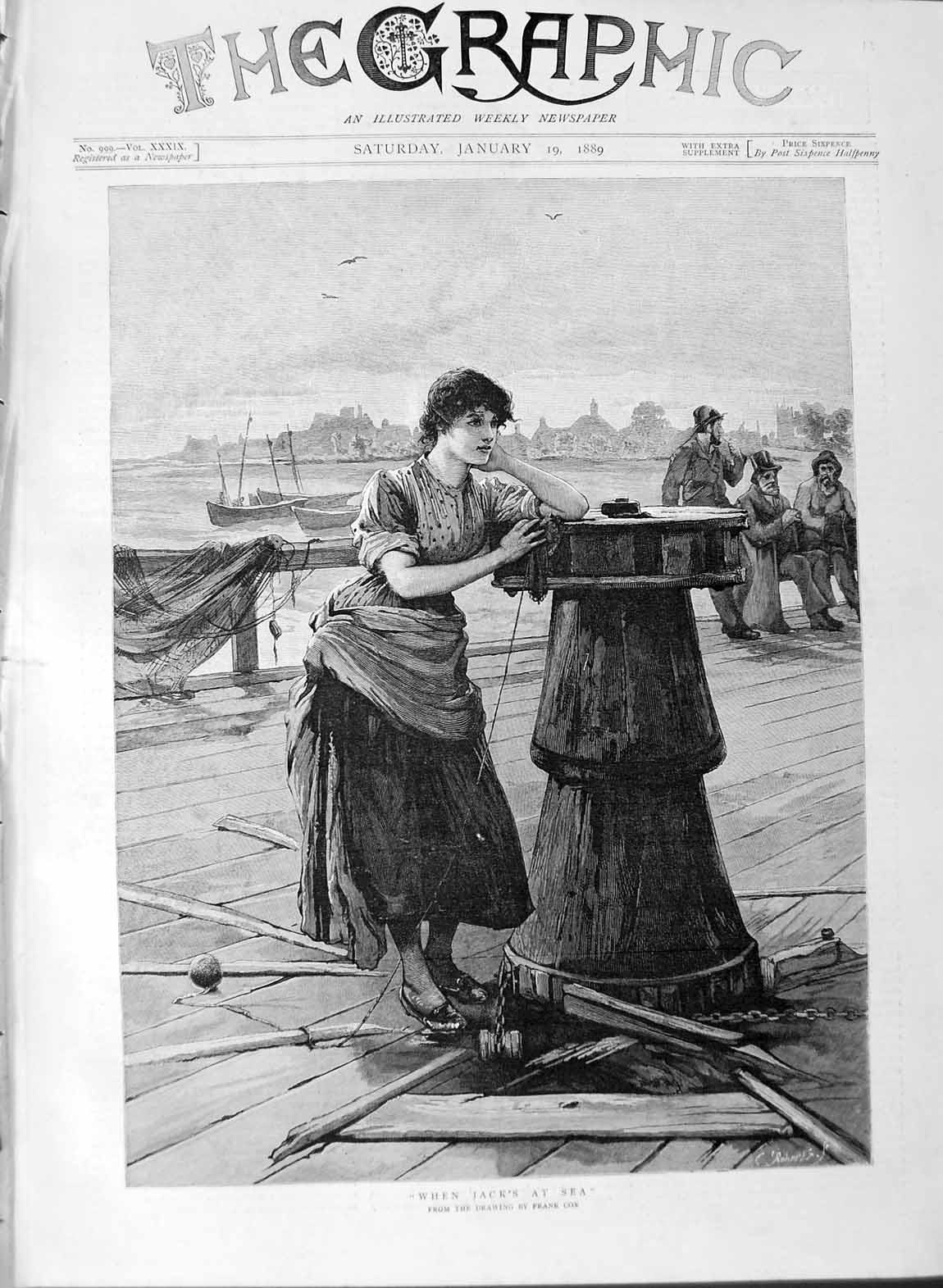 Original Old Antique Print 1889 Frank Cox Fine Art Lady Waiting Pier Jack Sea