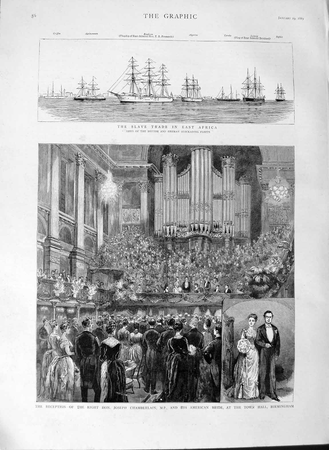 Original Old Antique Print 1889 Slave Trade Ships Africa Chamberlain Birmingham
