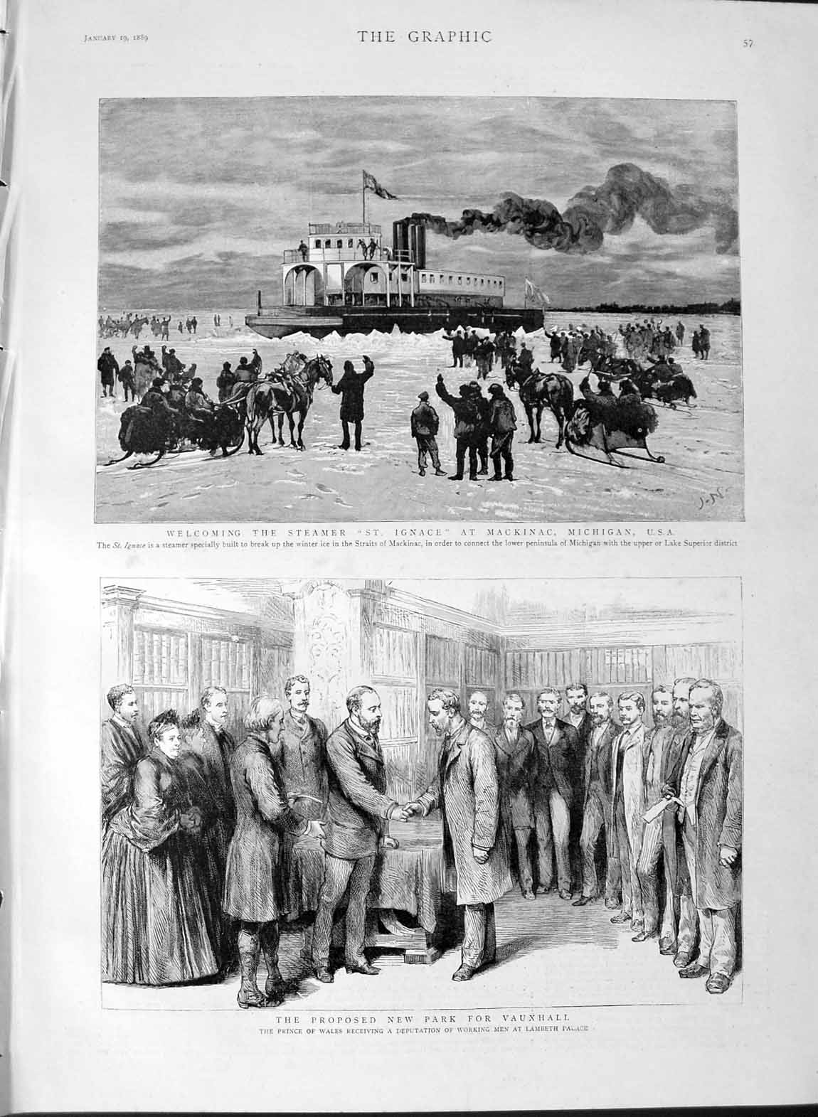 Old Antique Print 1889 Steamer Ship Ignace Michigan Prince Wales Lambeth 19th
