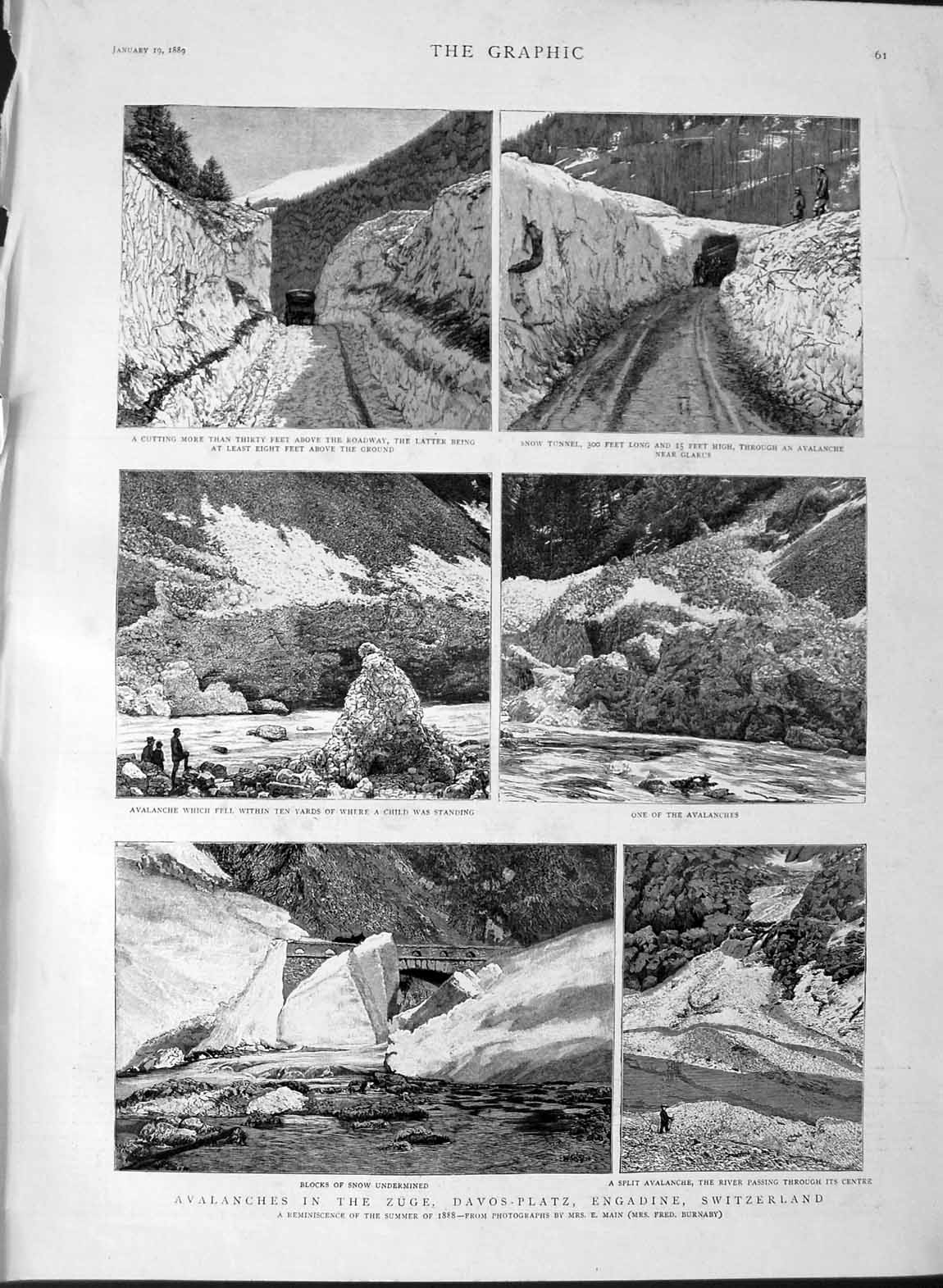 Old Antique Print 1889 Avalanches Zuge Davos-Platz Engadine Switzerland 19th
