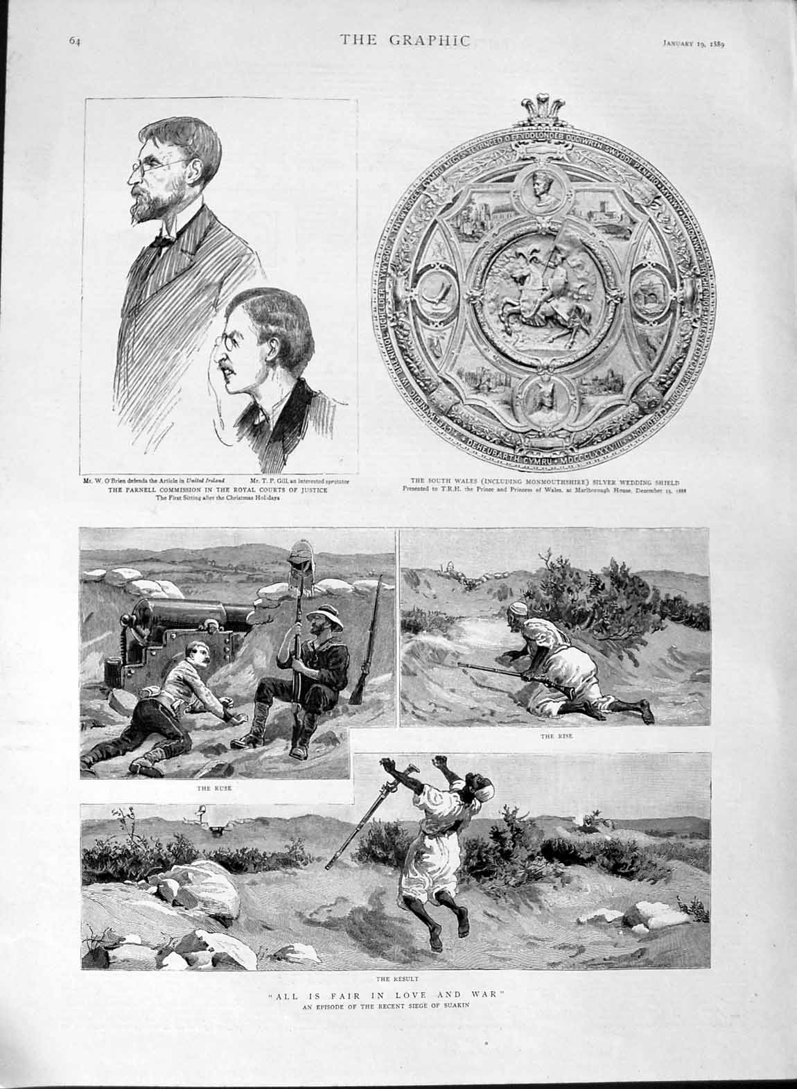 Original Old Antique Print 1889 Siege Suakin Parnell Commission Wales Shield