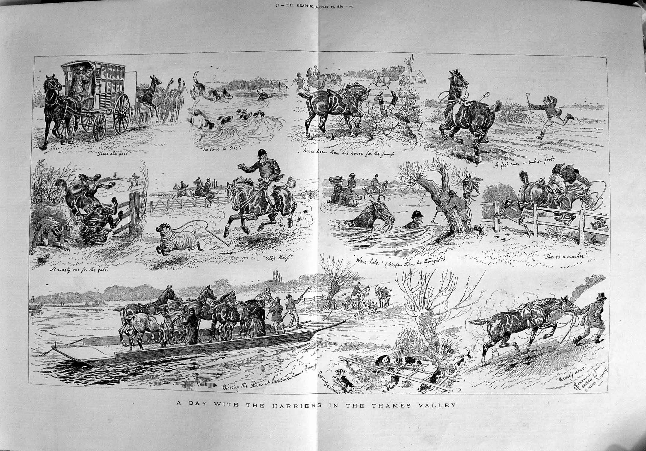 Old Antique Print 1889 Harriers Thames Valley Hunting Horses Hounds Sport 19th